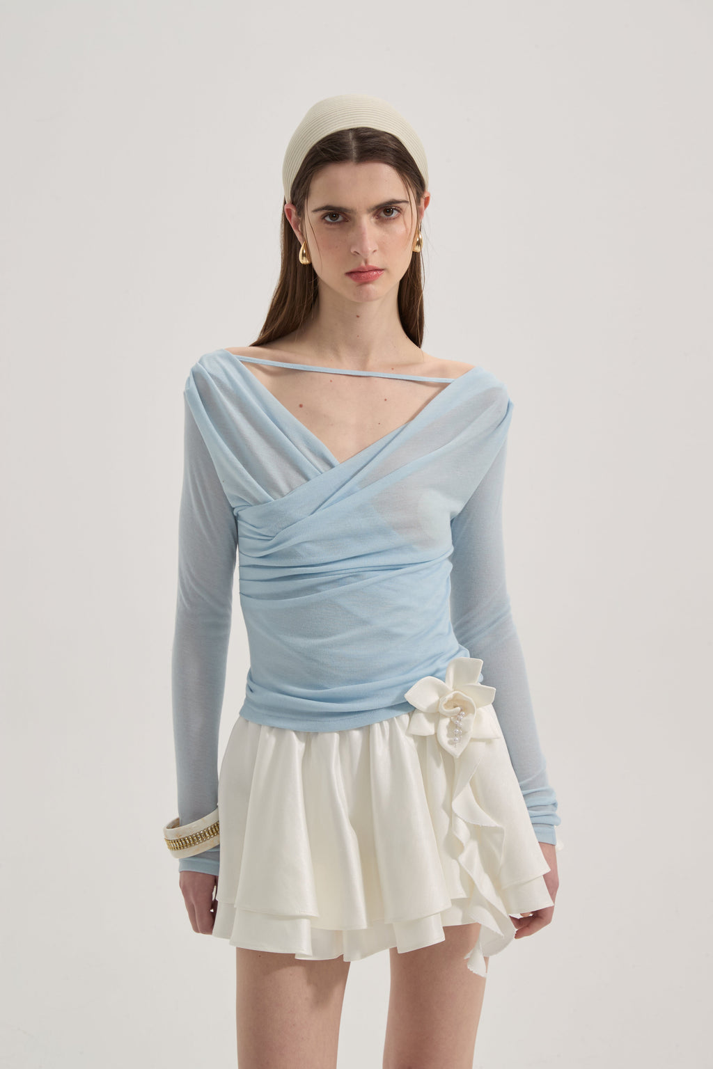 Blue Lace Flutter Neck Long Sleeved Top