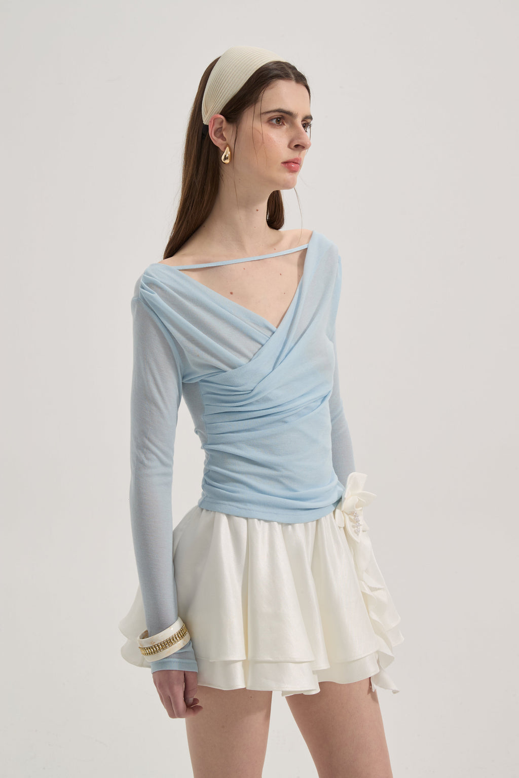 Blue Lace Flutter Neck Long Sleeved Top