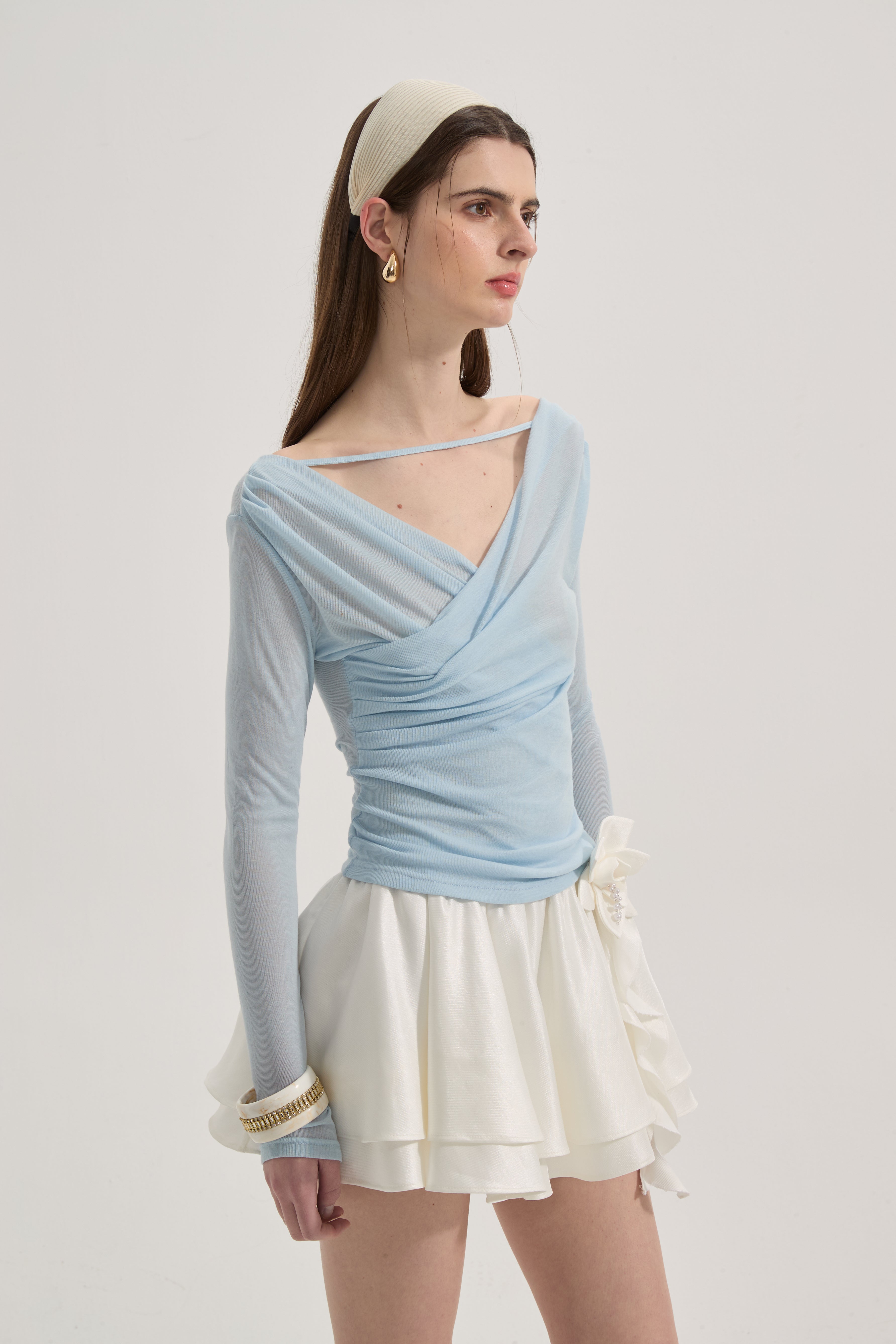 Blue Lace Flutter Neck Long Sleeved Top