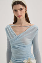 Blue Lace Flutter Neck Long Sleeved Top