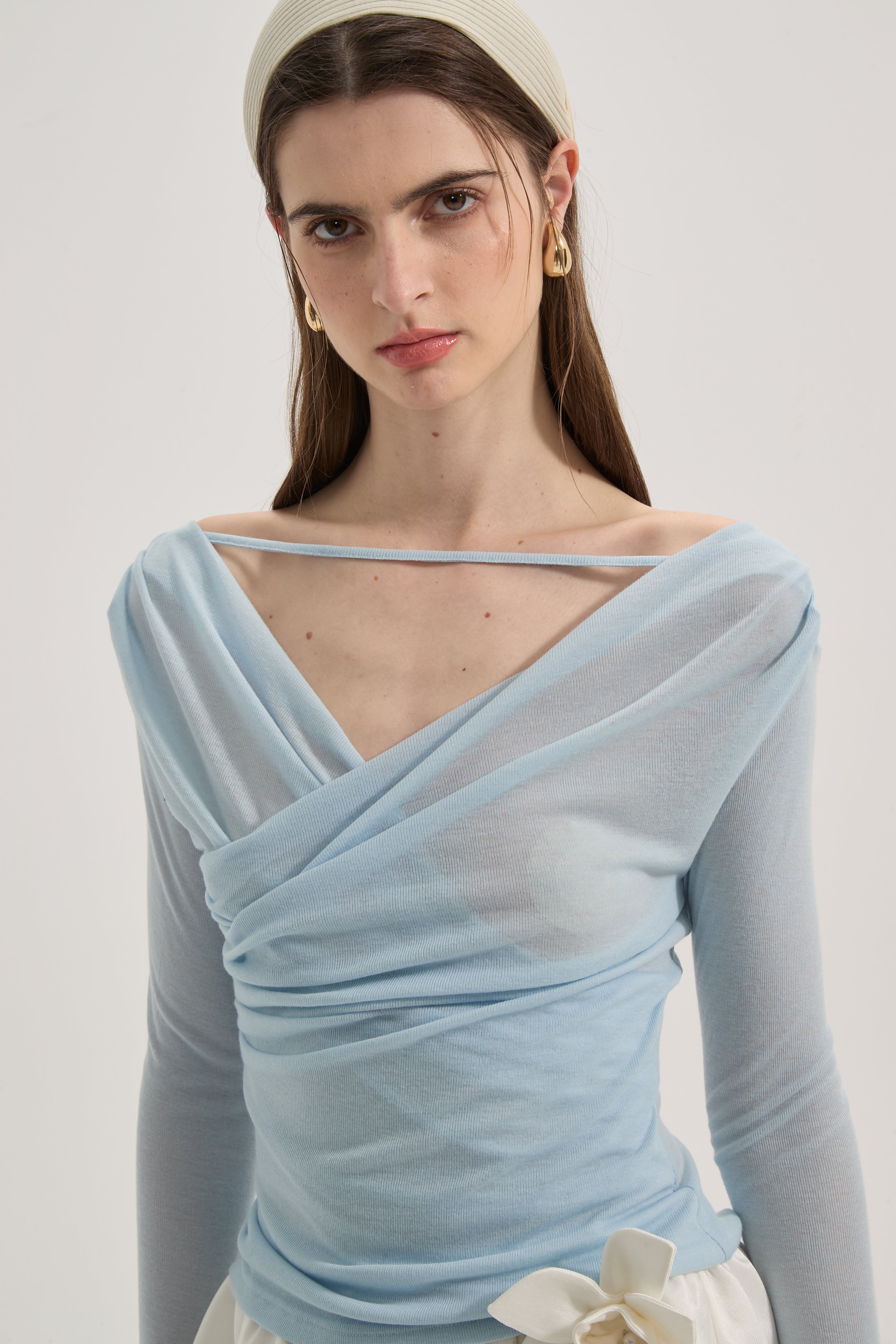 Blue Lace Flutter Neck Long Sleeved Top