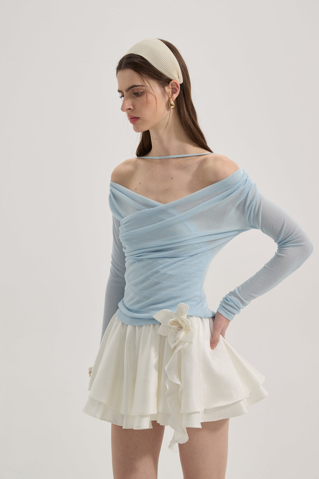 Blue Lace Flutter Neck Long Sleeved Top