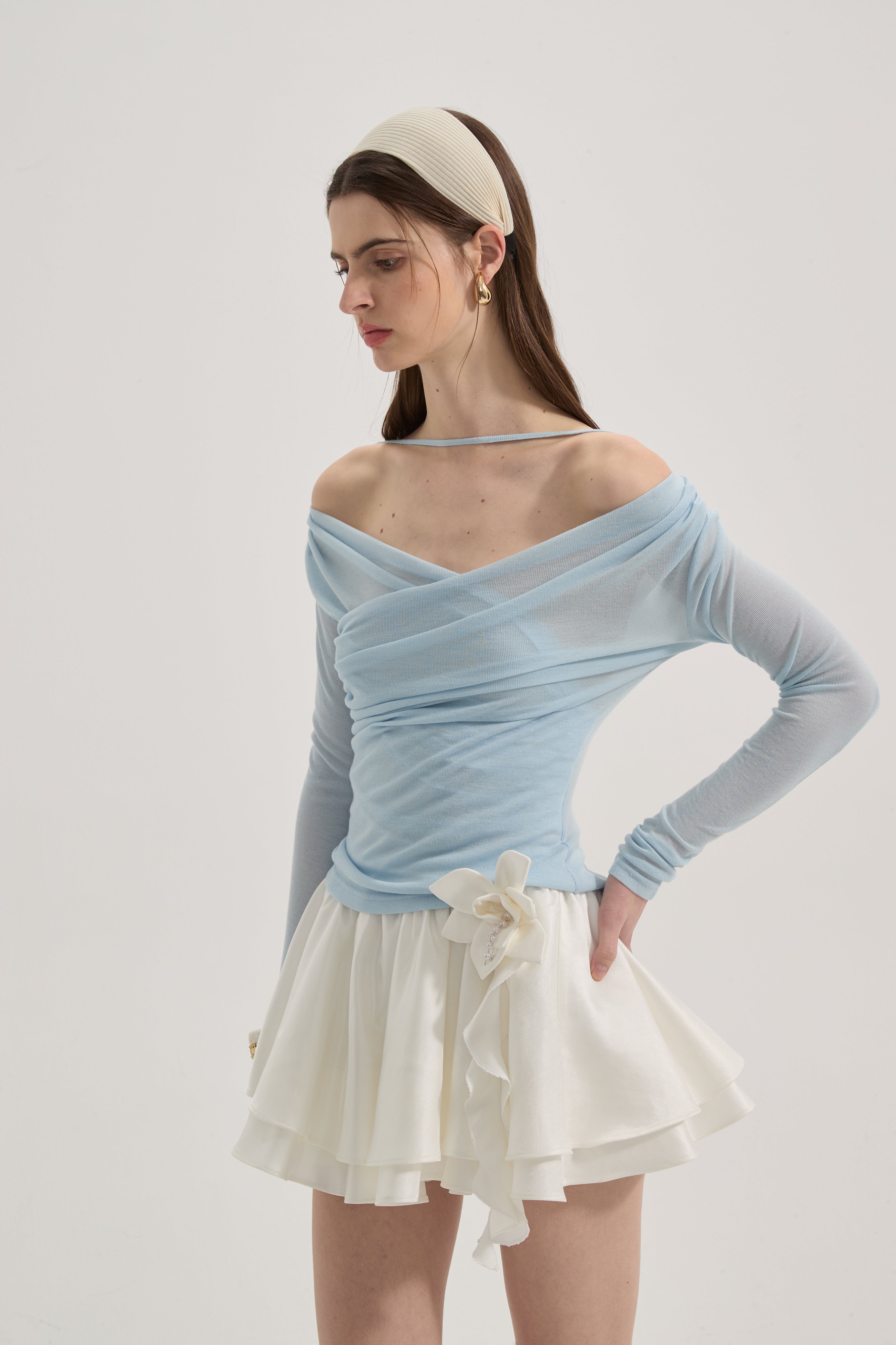 Blue Lace Flutter Neck Long Sleeved Top