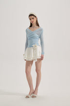 Blue Lace Flutter Neck Long Sleeved Top
