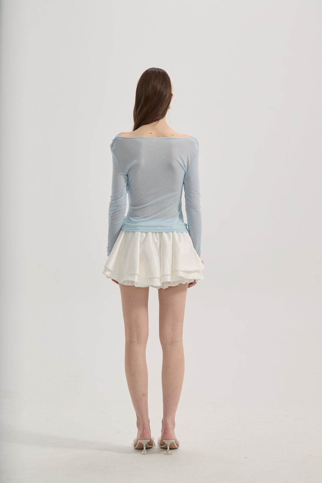 Blue Lace Flutter Neck Long Sleeved Top