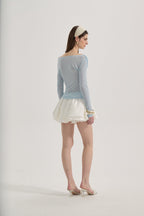 Blue Lace Flutter Neck Long Sleeved Top