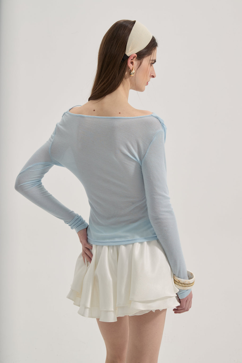 Blue Lace Flutter Neck Long Sleeved Top