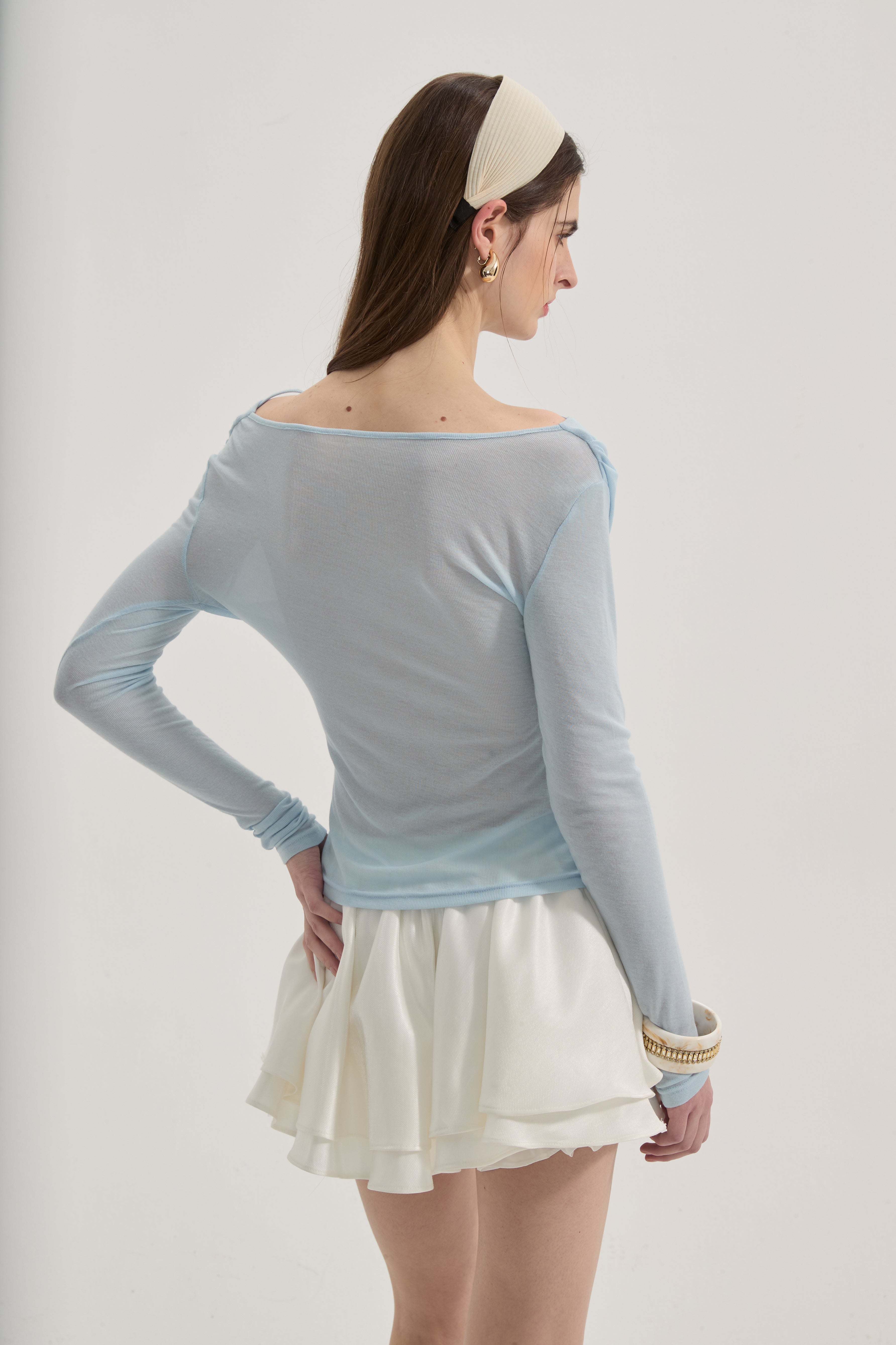 Blue Lace Flutter Neck Long Sleeved Top