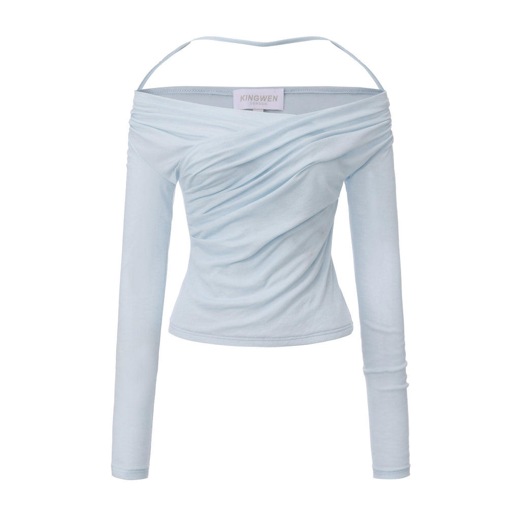 Blue Lace Flutter Neck Long Sleeved Top