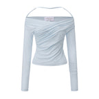 Blue Lace Flutter Neck Long Sleeved Top