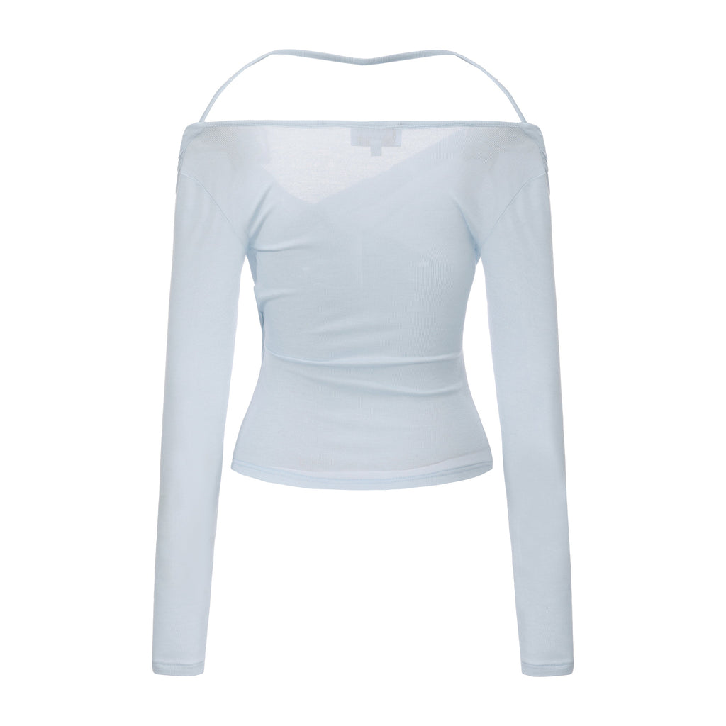 Blue Lace Flutter Neck Long Sleeved Top