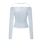 Blue Lace Flutter Neck Long Sleeved Top