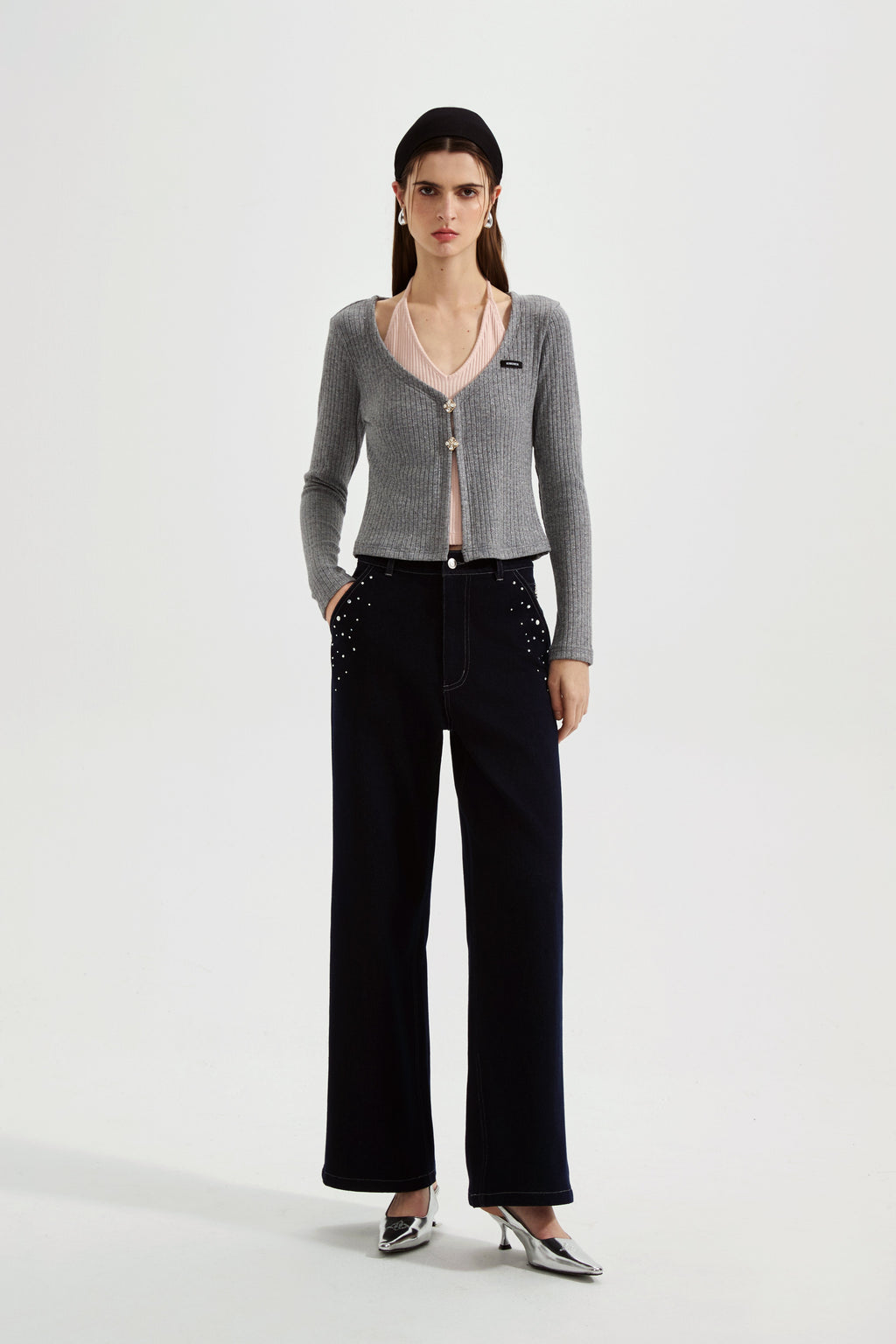 Grey Two-Piece Diamond-Studded Button-Up Strapless Cardigan