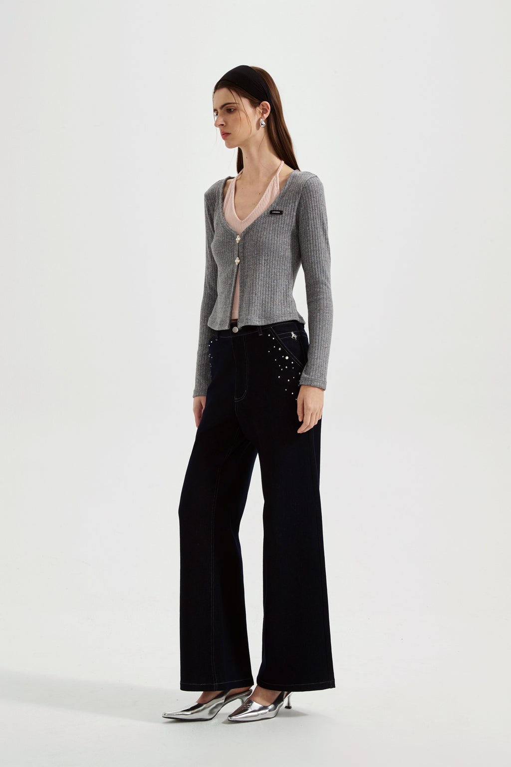 Grey Two-Piece Diamond-Studded Button-Up Strapless Cardigan