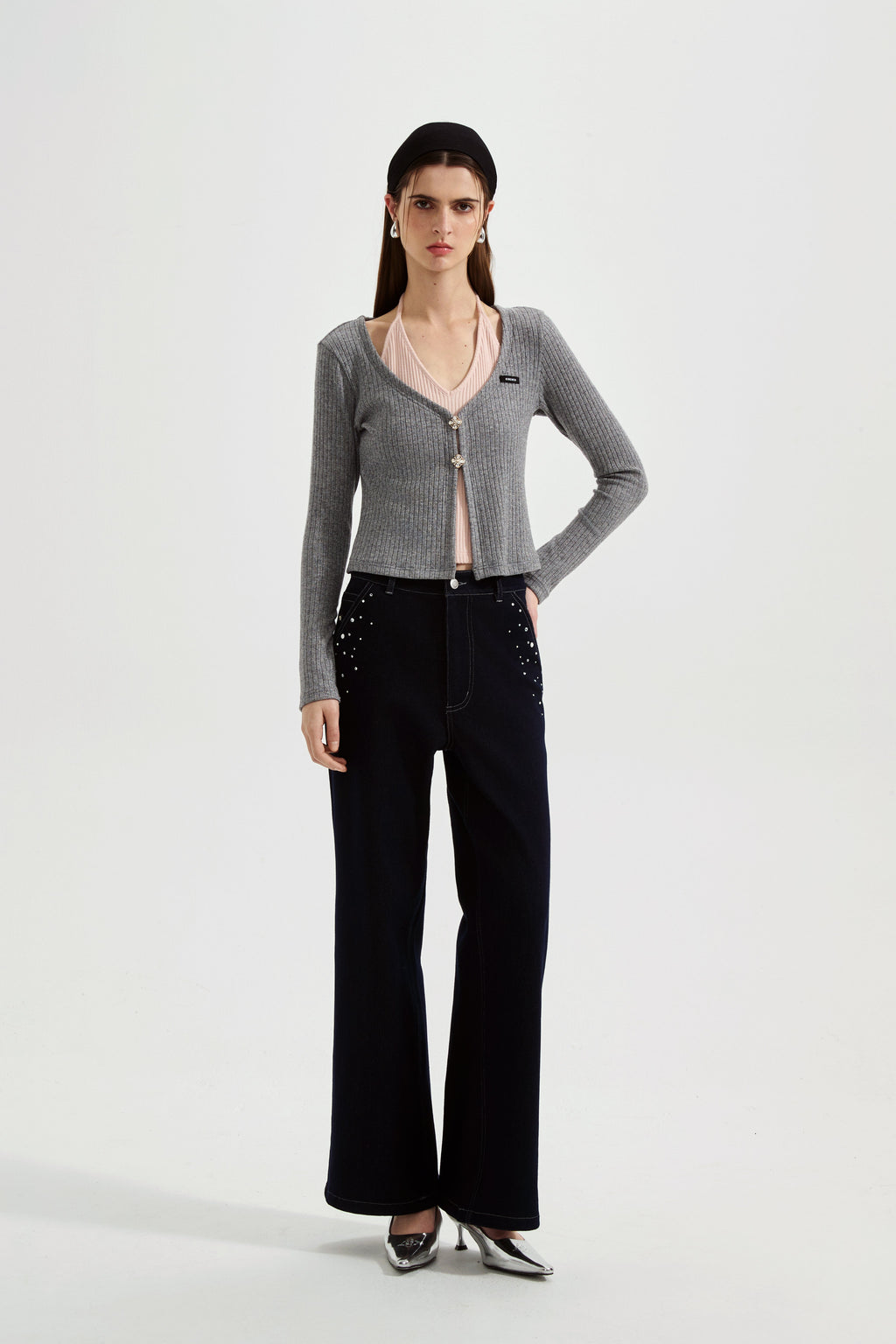 Grey Two-Piece Diamond-Studded Button-Up Strapless Cardigan