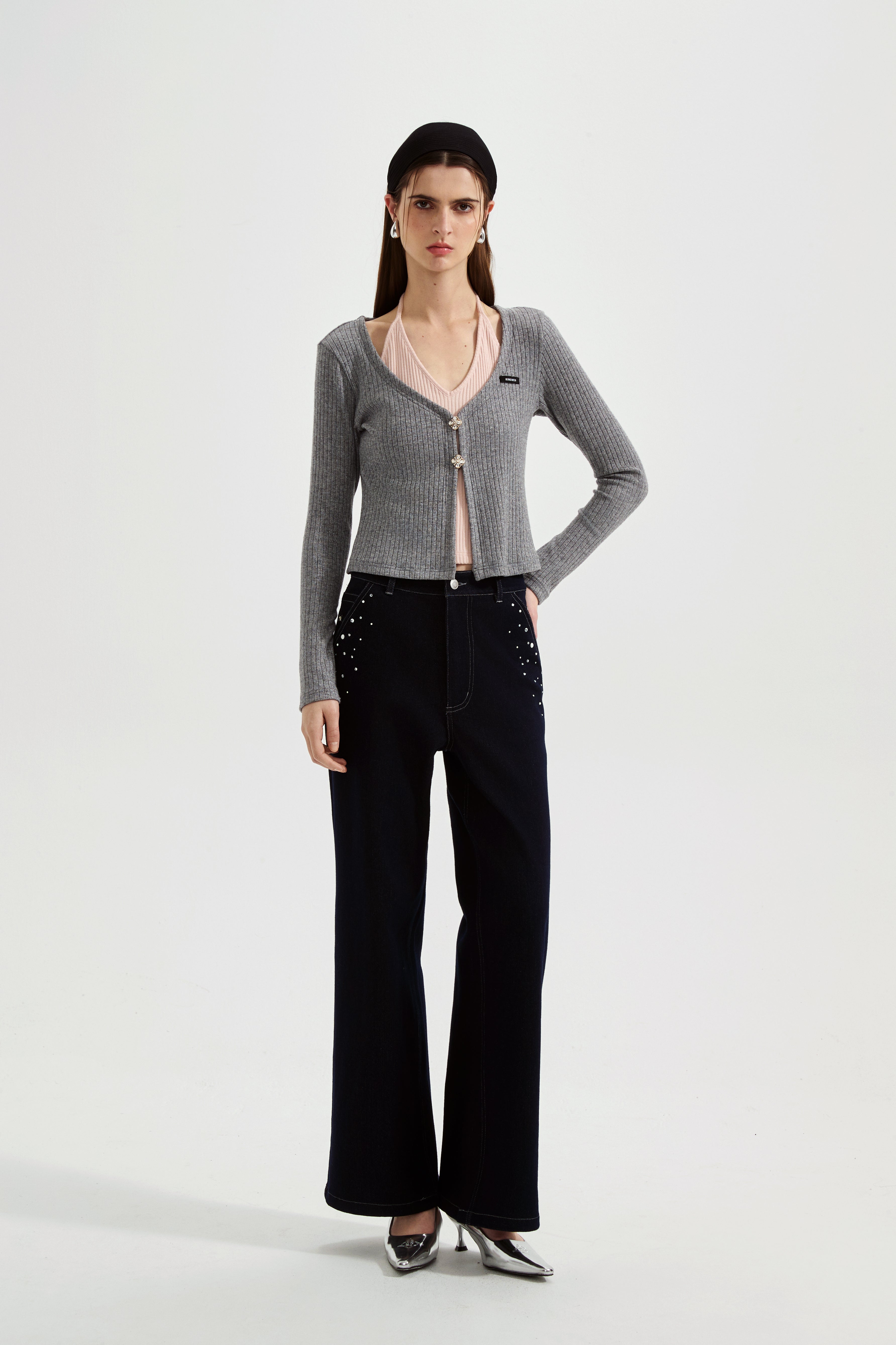 Grey Two-Piece Diamond-Studded Button-Up Strapless Cardigan