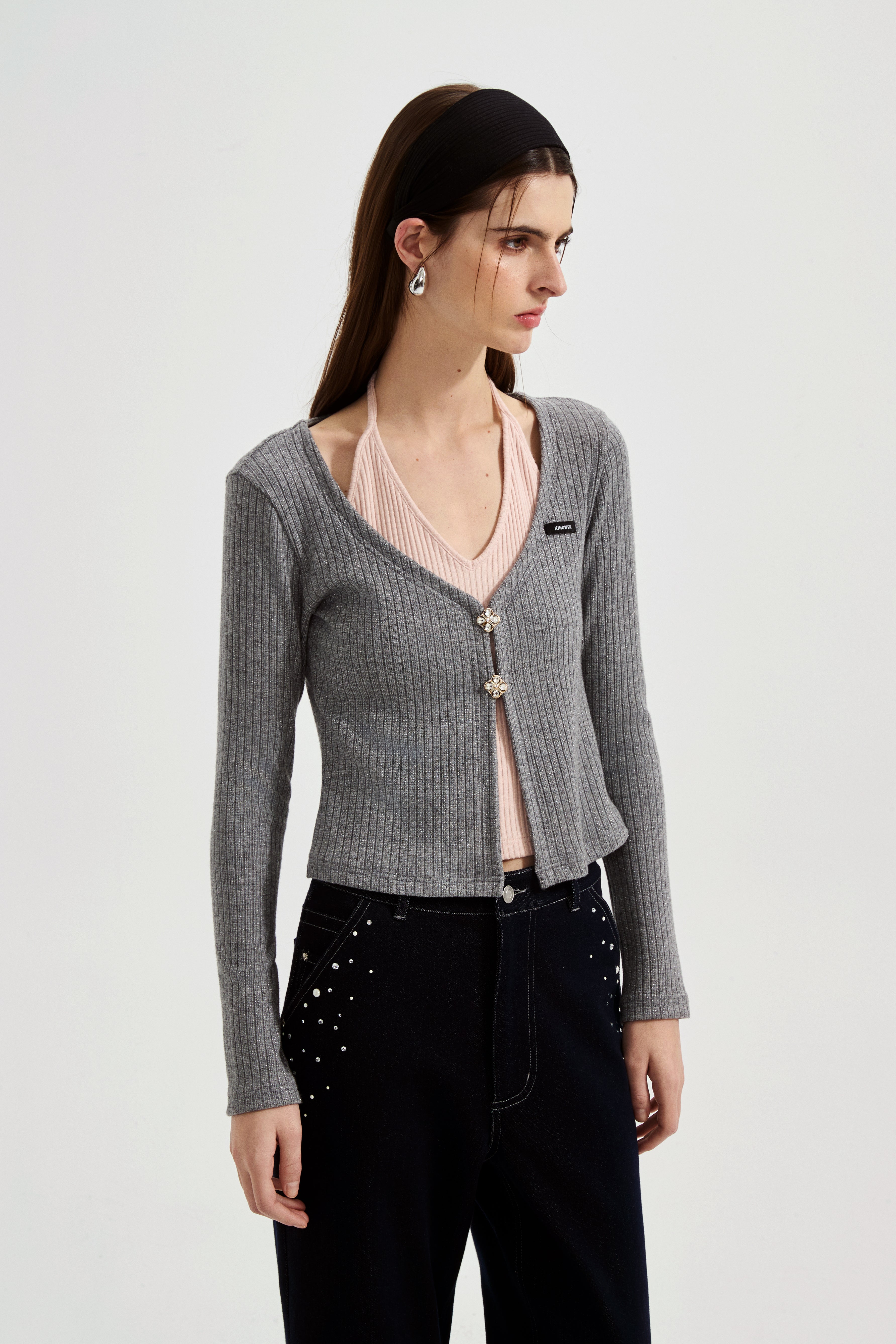 Grey Two-Piece Diamond-Studded Button-Up Strapless Cardigan
