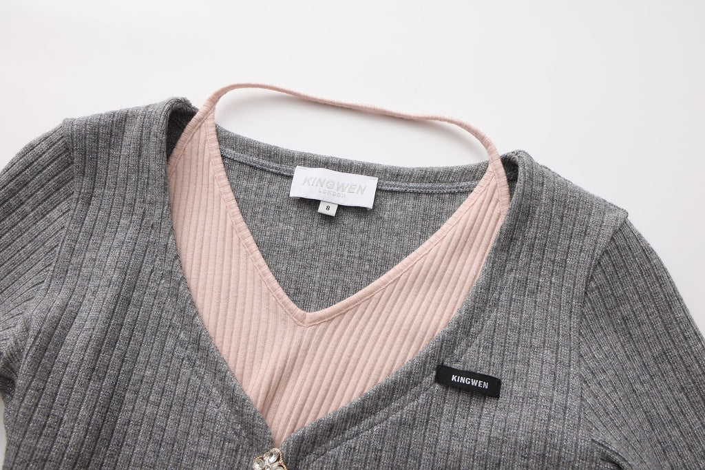 Grey Two-Piece Diamond-Studded Button-Up Strapless Cardigan