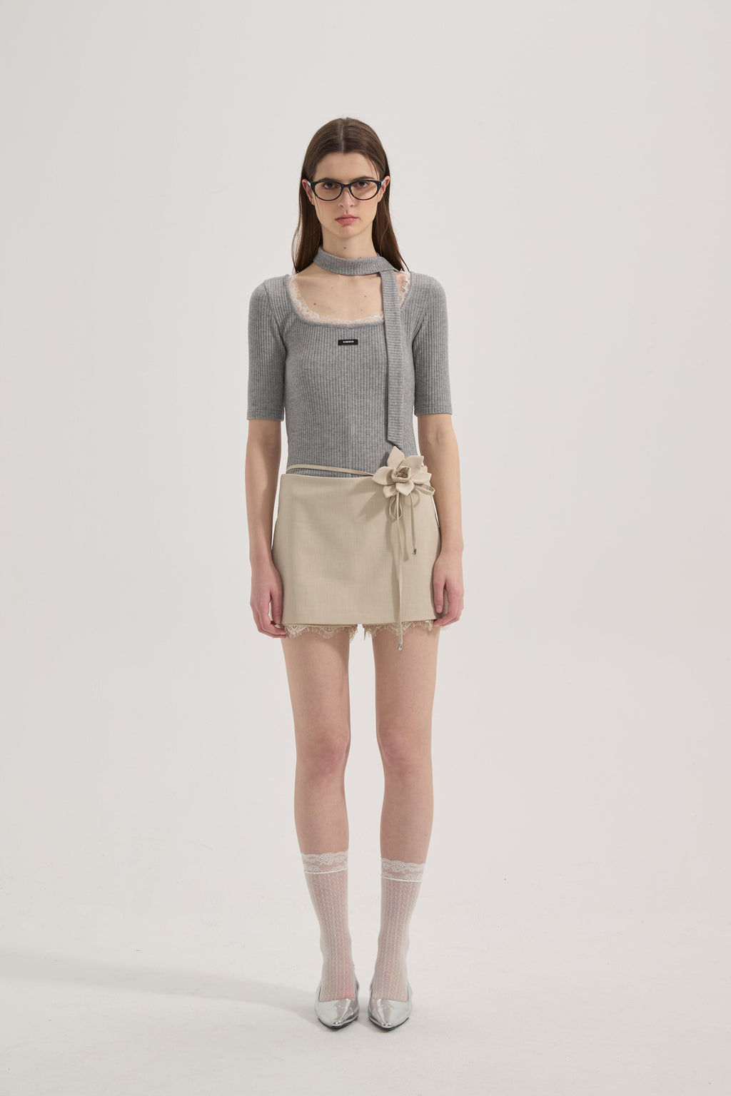 Grey Square-Neck Trimmed Top