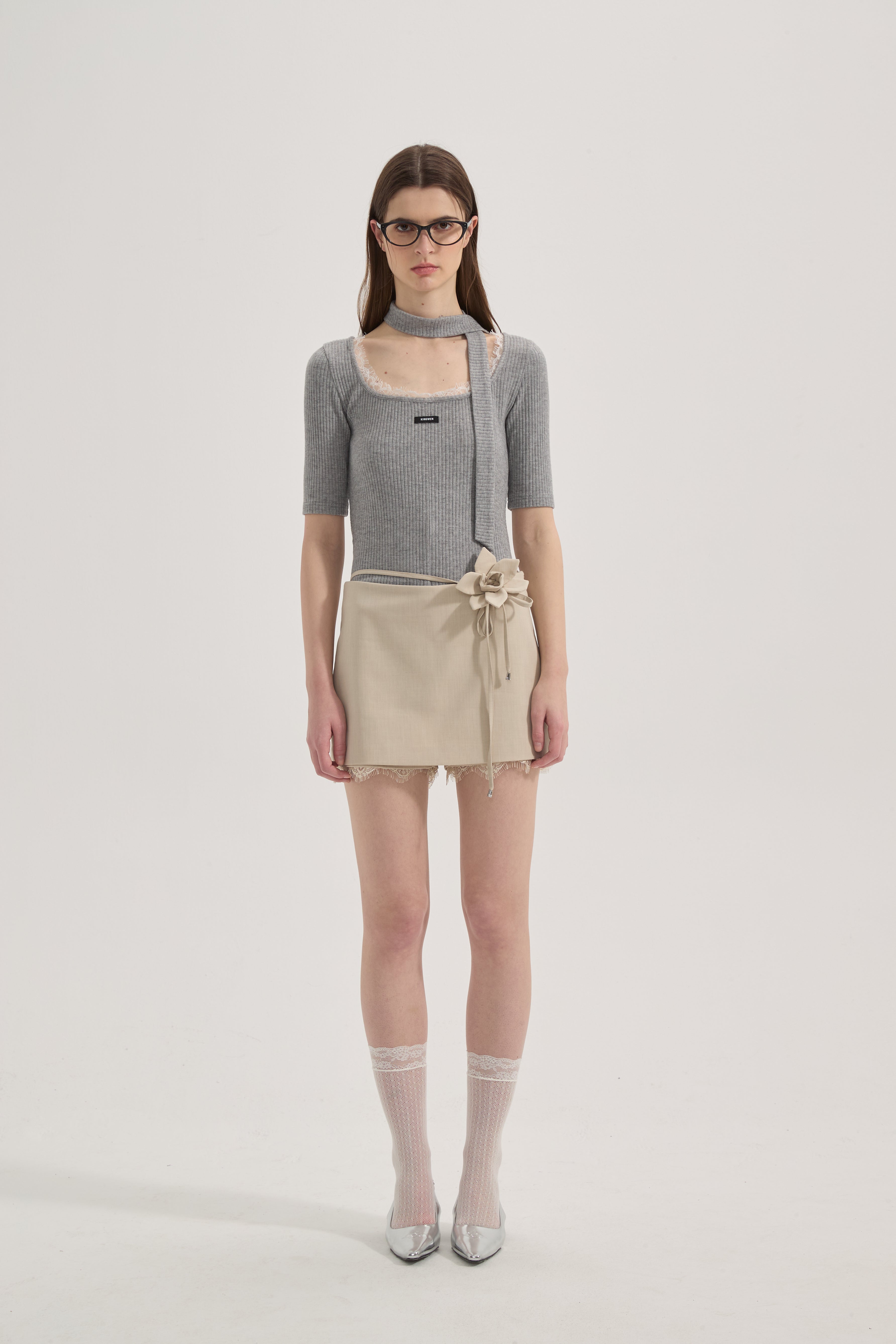 Grey Square-Neck Trimmed Top