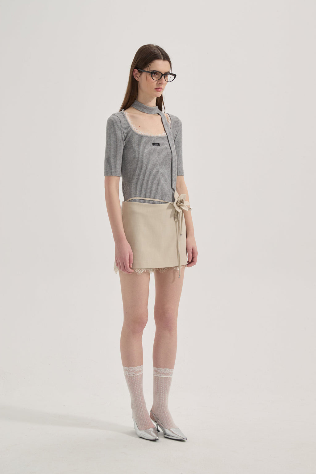 Grey Square-Neck Trimmed Top