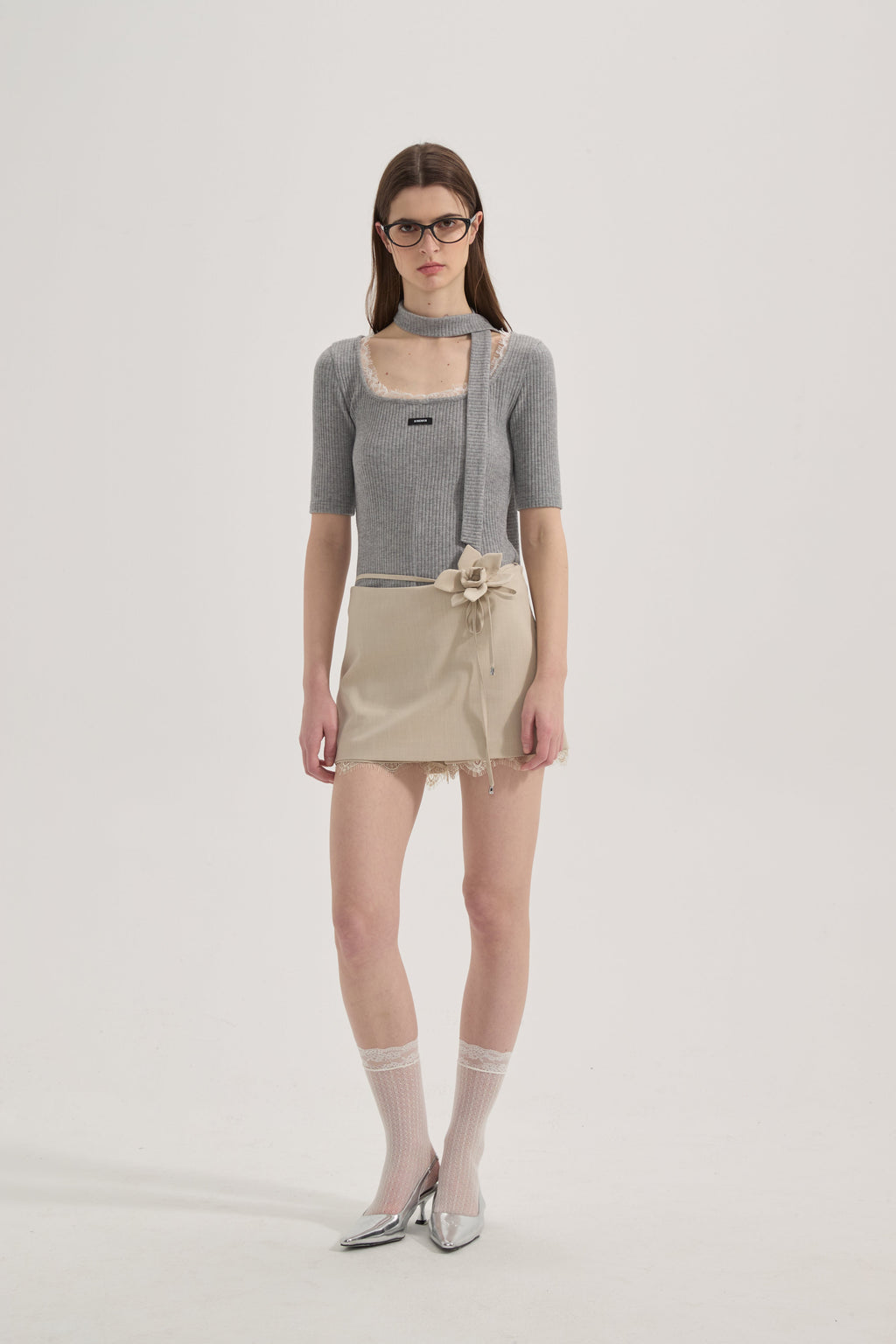 Grey Square-Neck Trimmed Top