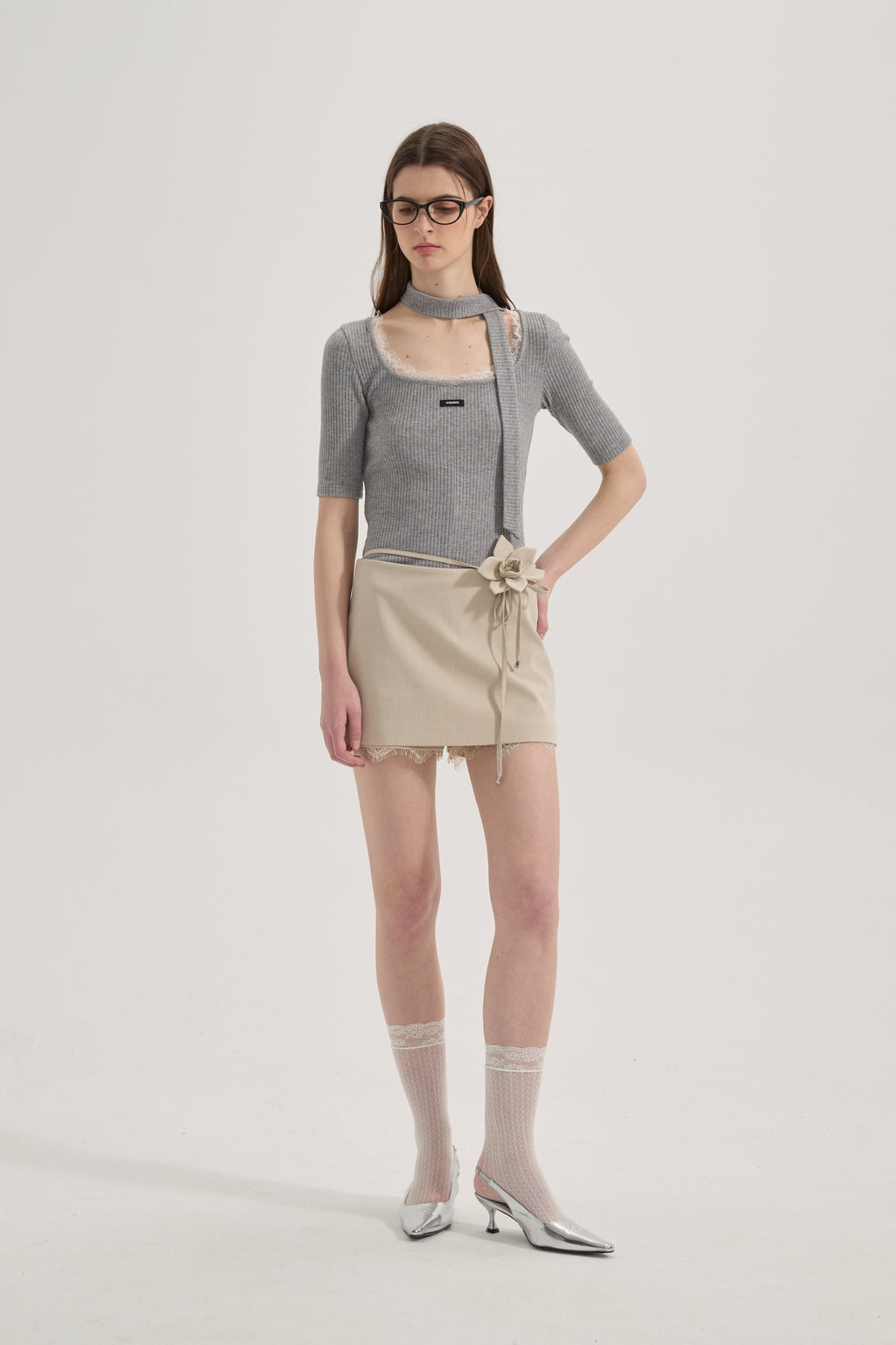 Grey Square-Neck Trimmed Top