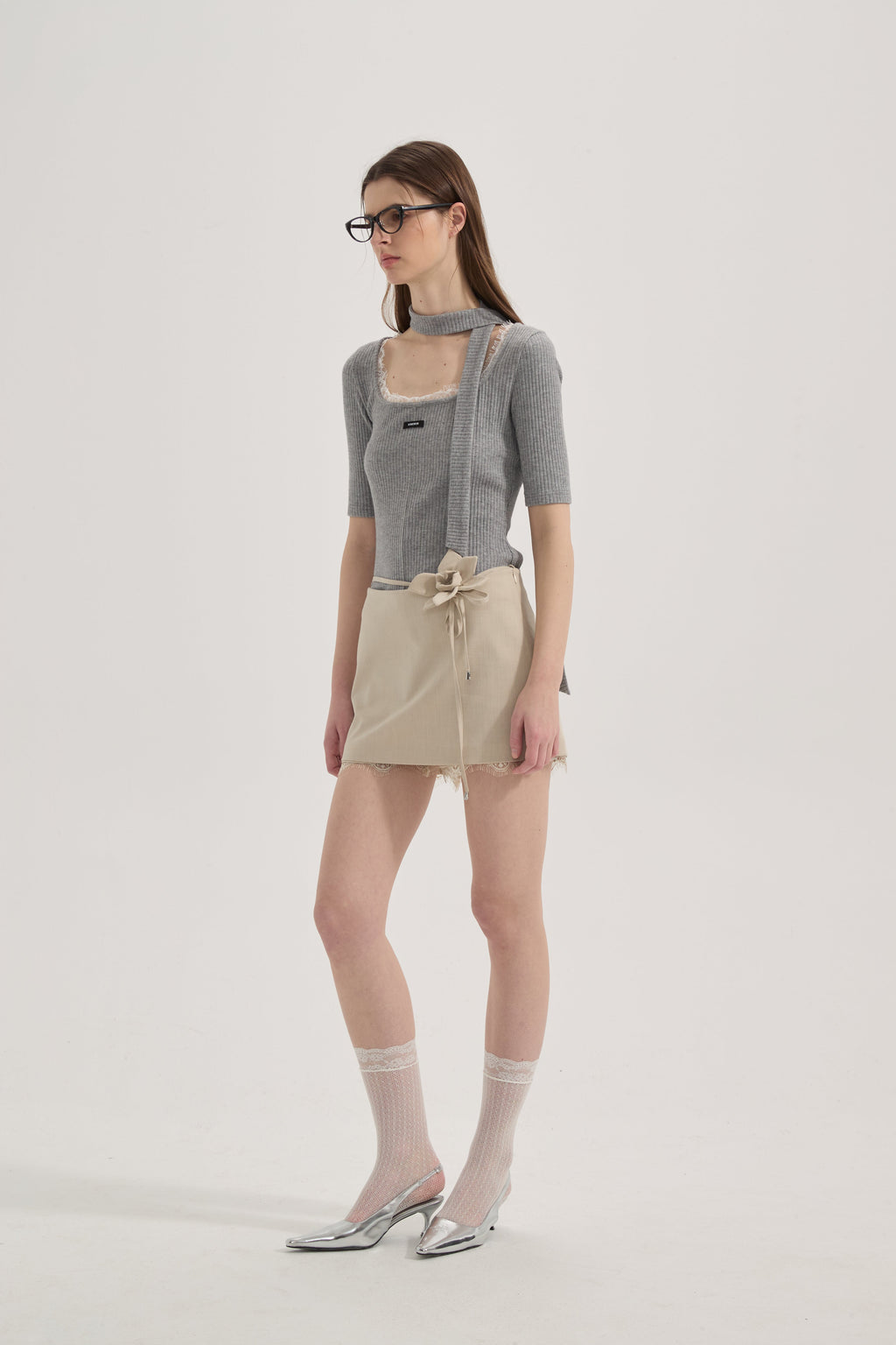 Grey Square-Neck Trimmed Top