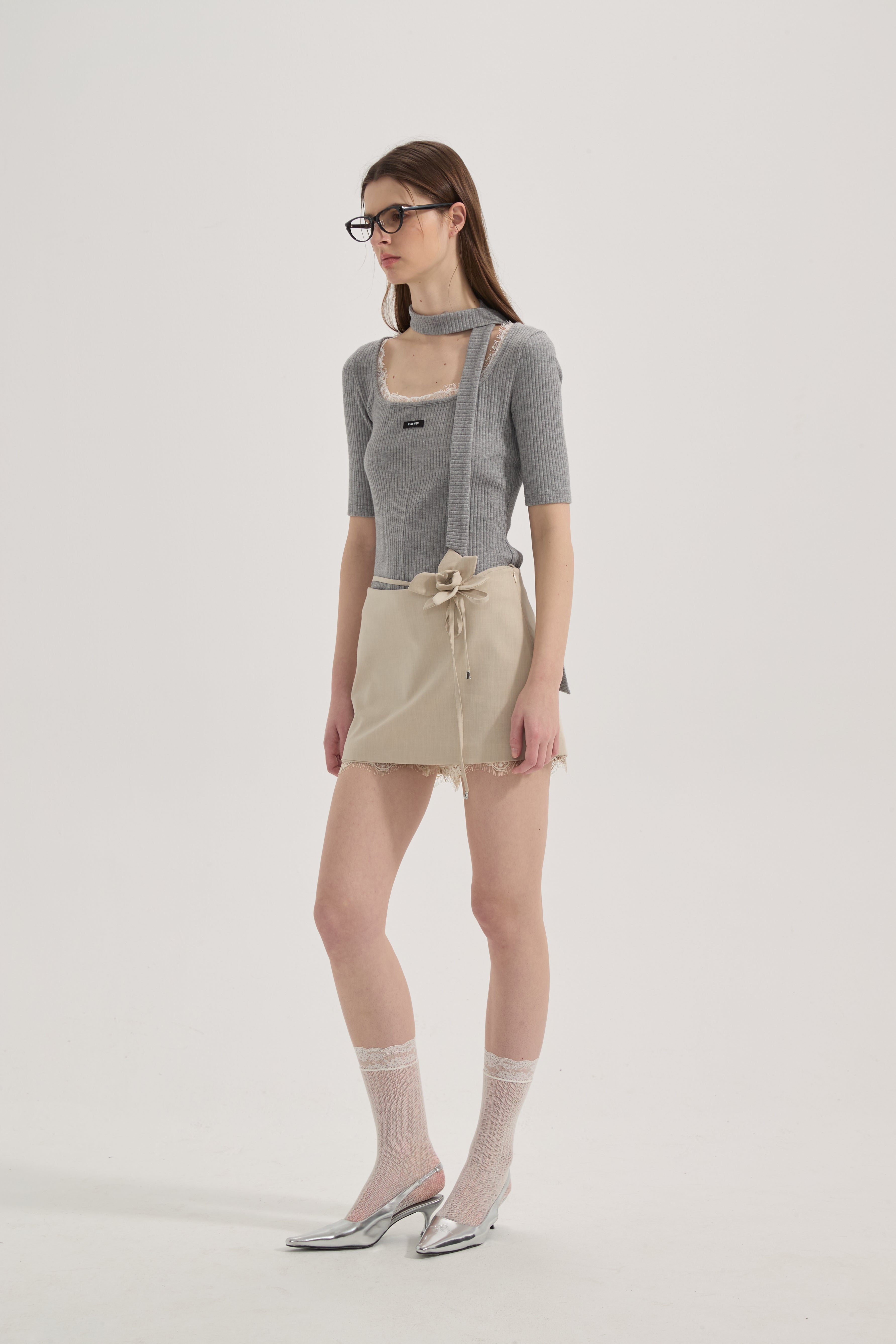 Grey Square-Neck Trimmed Top