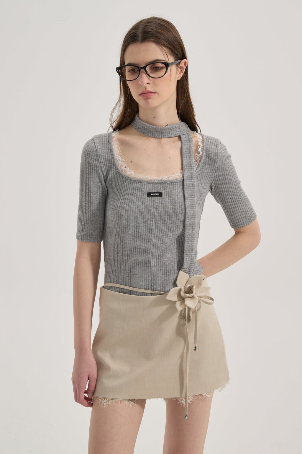 Grey Square-Neck Trimmed Top