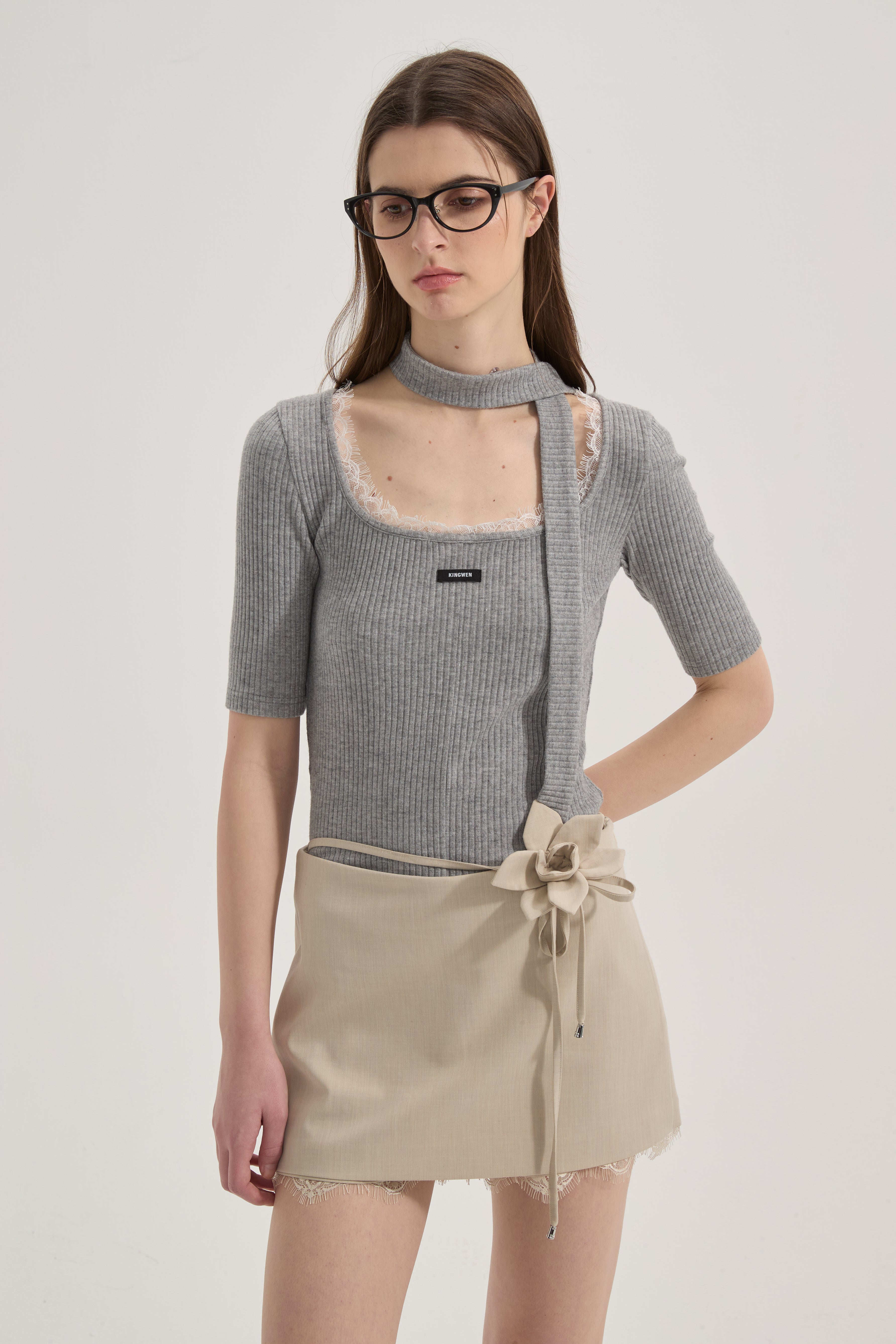 Grey Square-Neck Trimmed Top