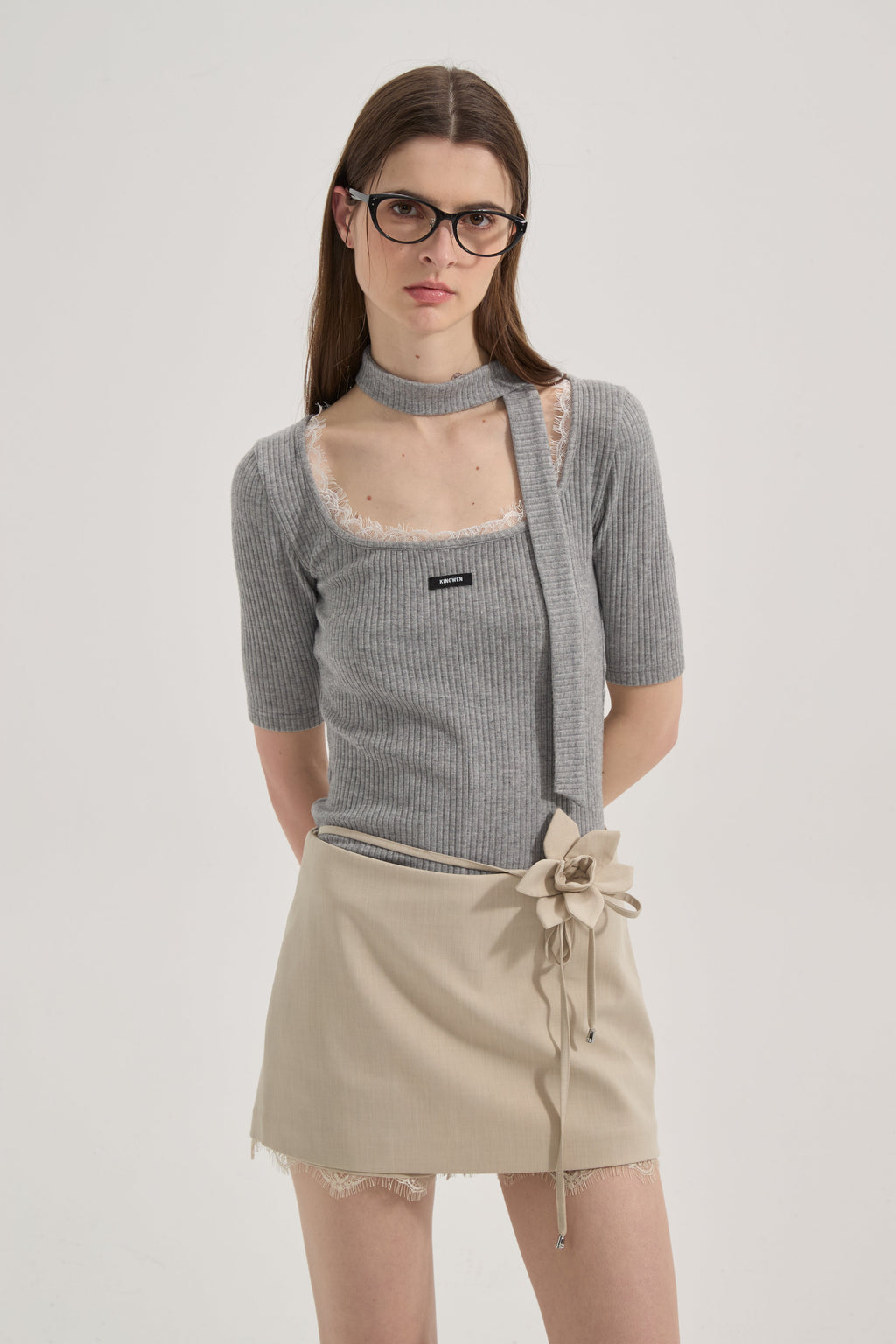 Grey Square-Neck Trimmed Top