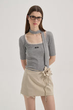 Grey Square-Neck Trimmed Top