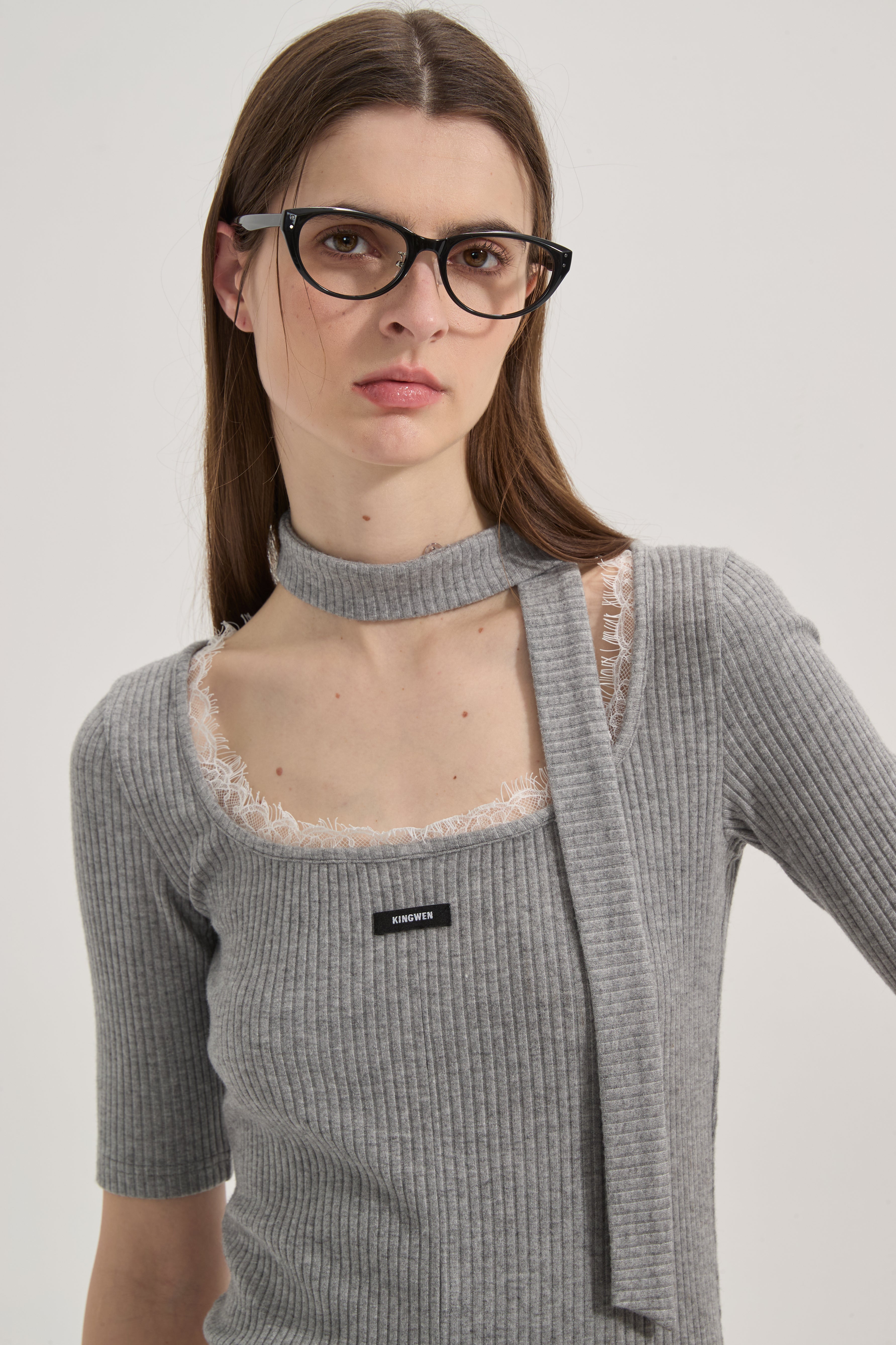Grey Square-Neck Trimmed Top