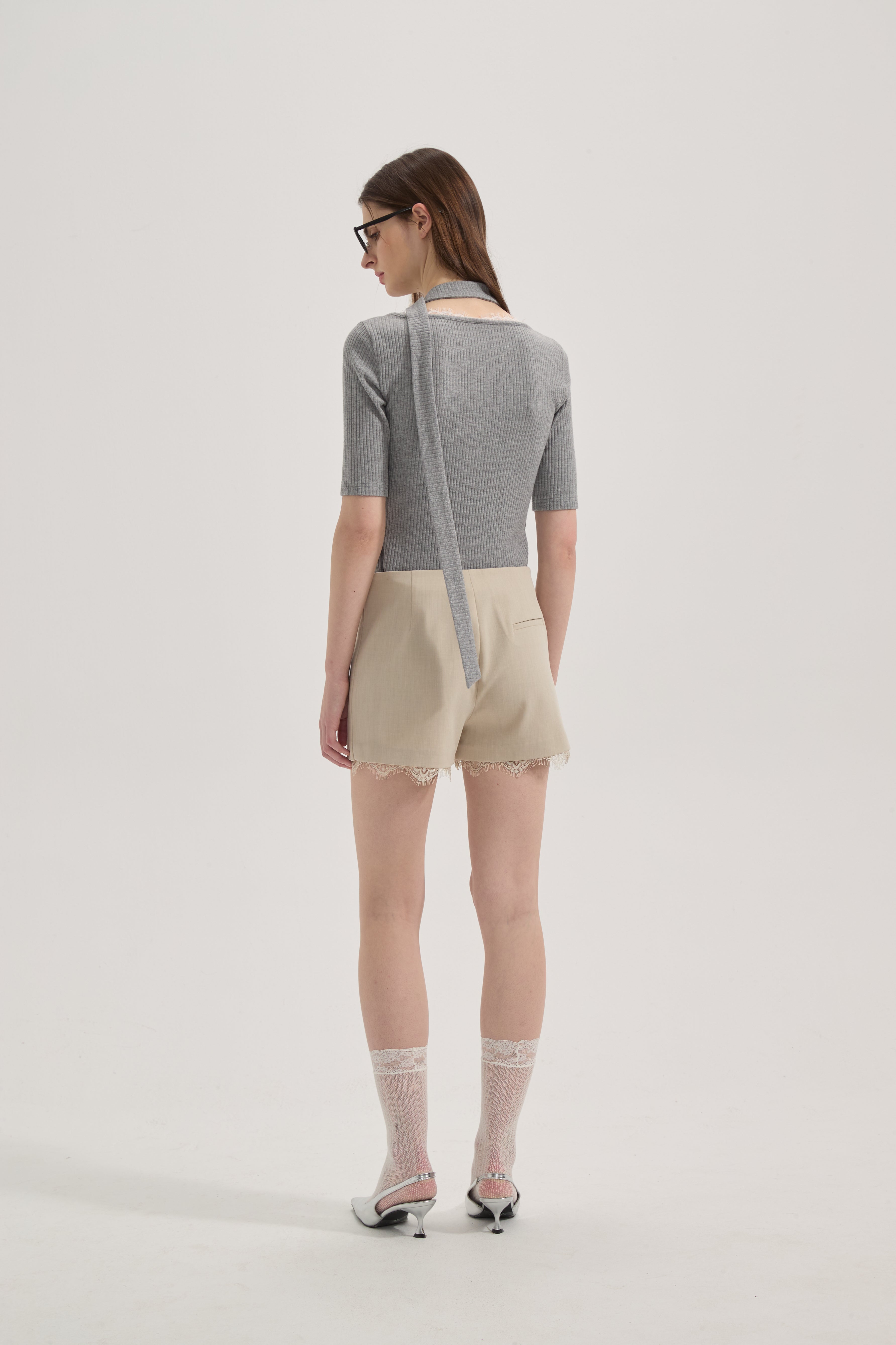 Grey Square-Neck Trimmed Top