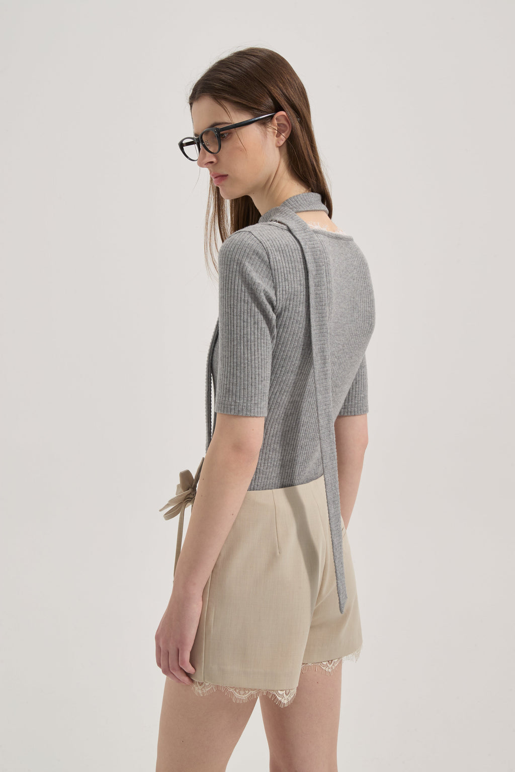 Grey Square-Neck Trimmed Top