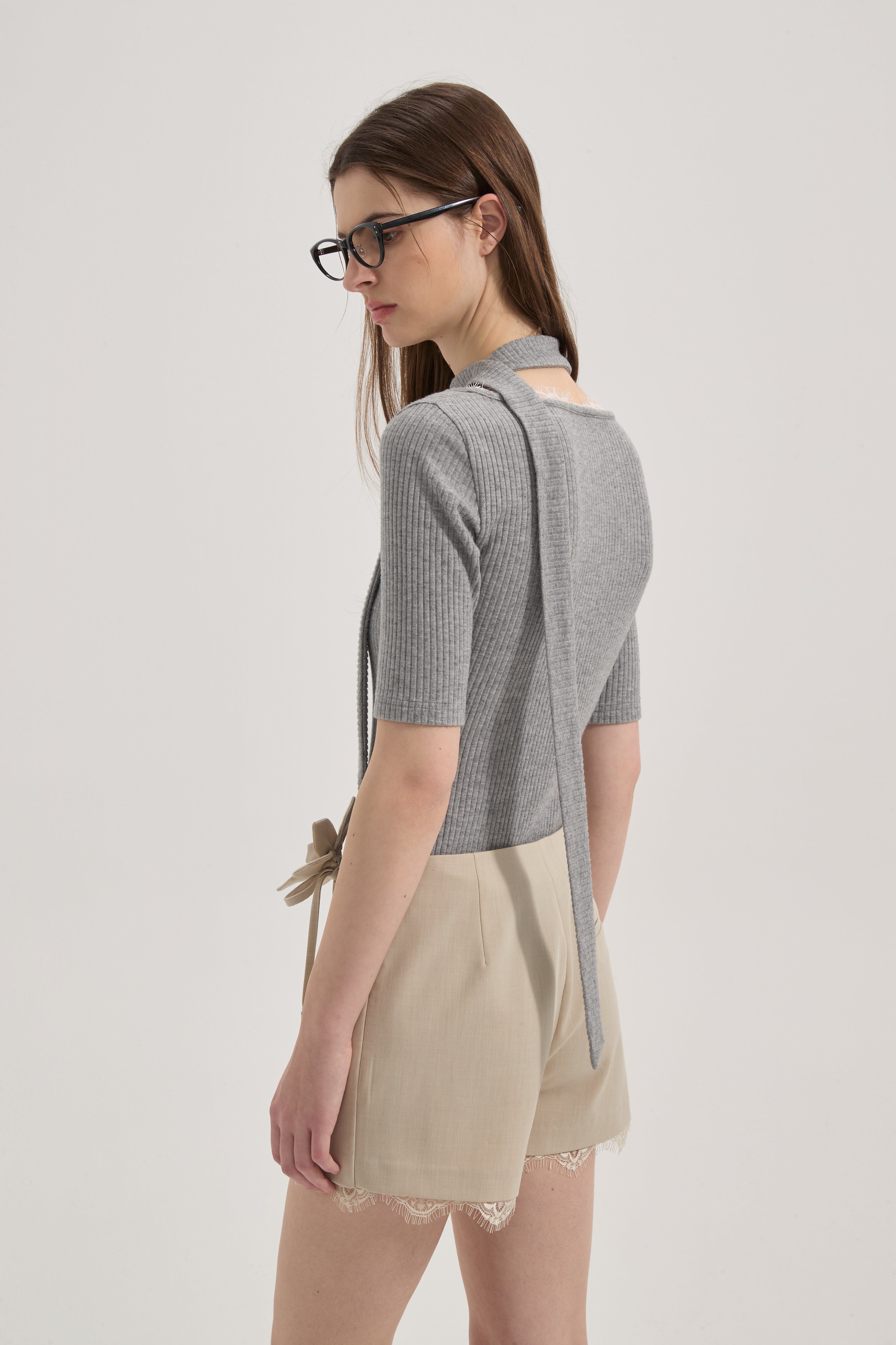 Grey Square-Neck Trimmed Top