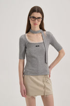 Grey Square-Neck Trimmed Top