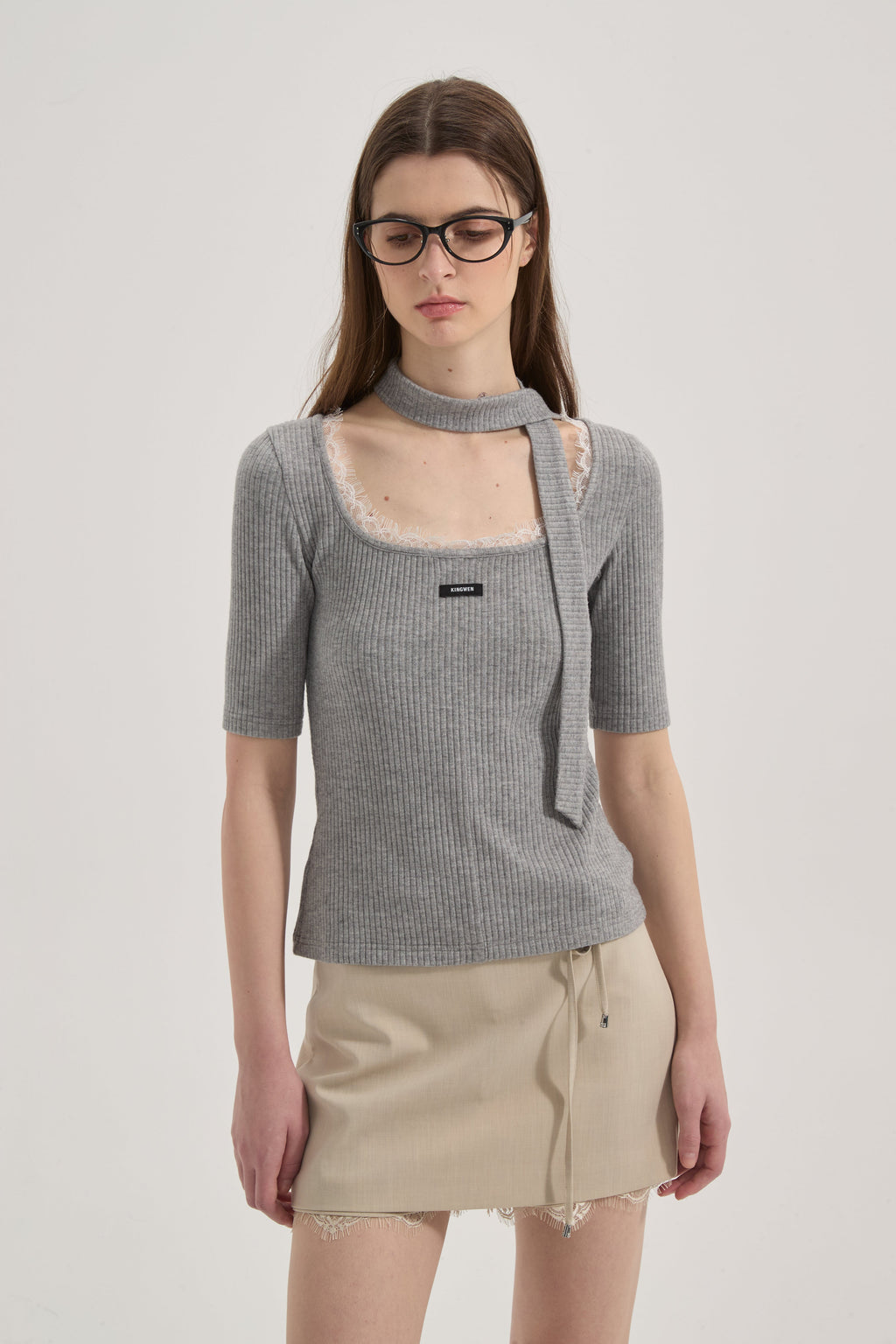 Grey Square-Neck Trimmed Top
