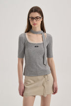 Grey Square-Neck Trimmed Top