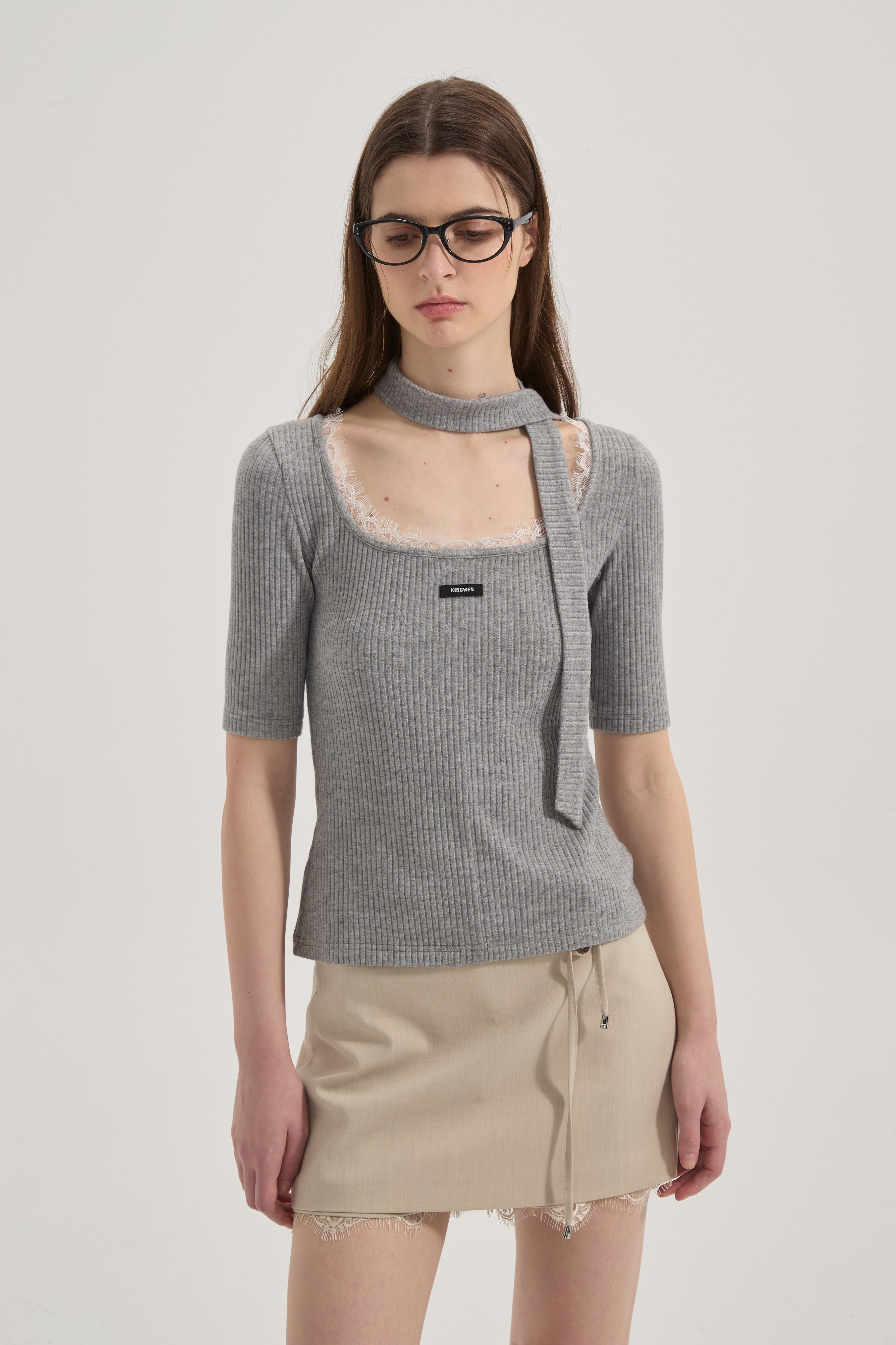 Grey Square-Neck Trimmed Top