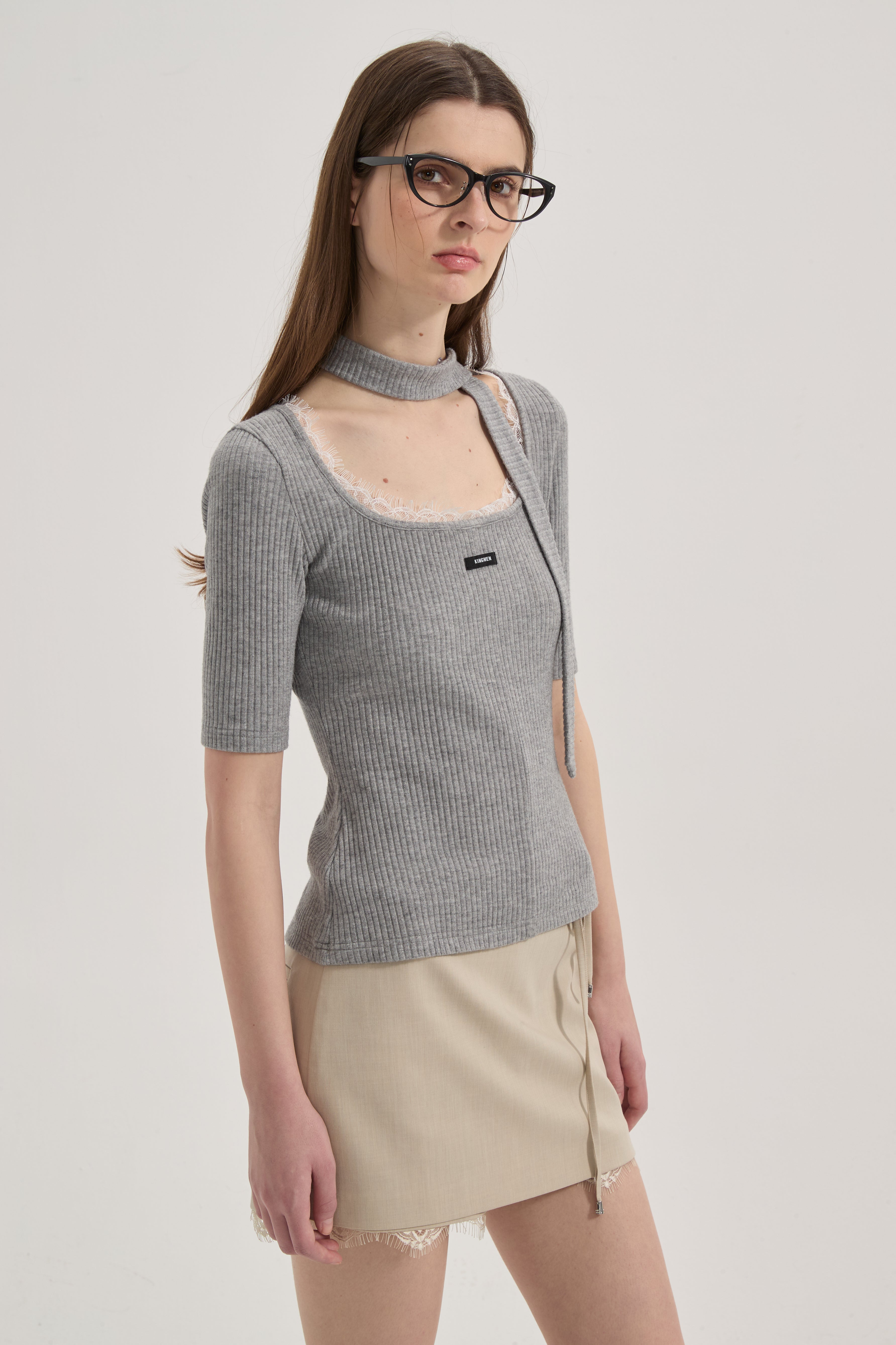 Grey Square-Neck Trimmed Top