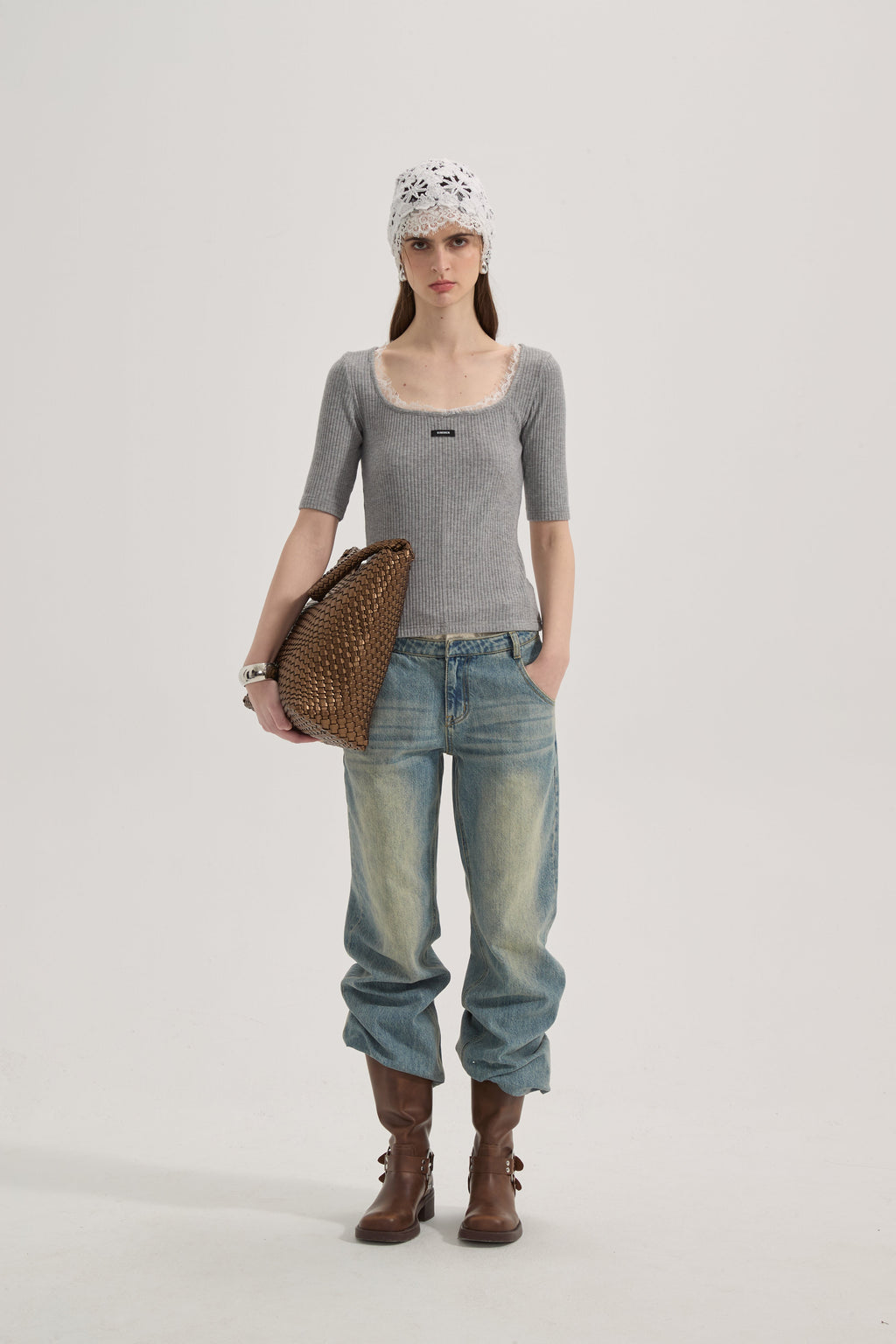 Grey Square-Neck Trimmed Top