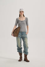 Grey Square-Neck Trimmed Top