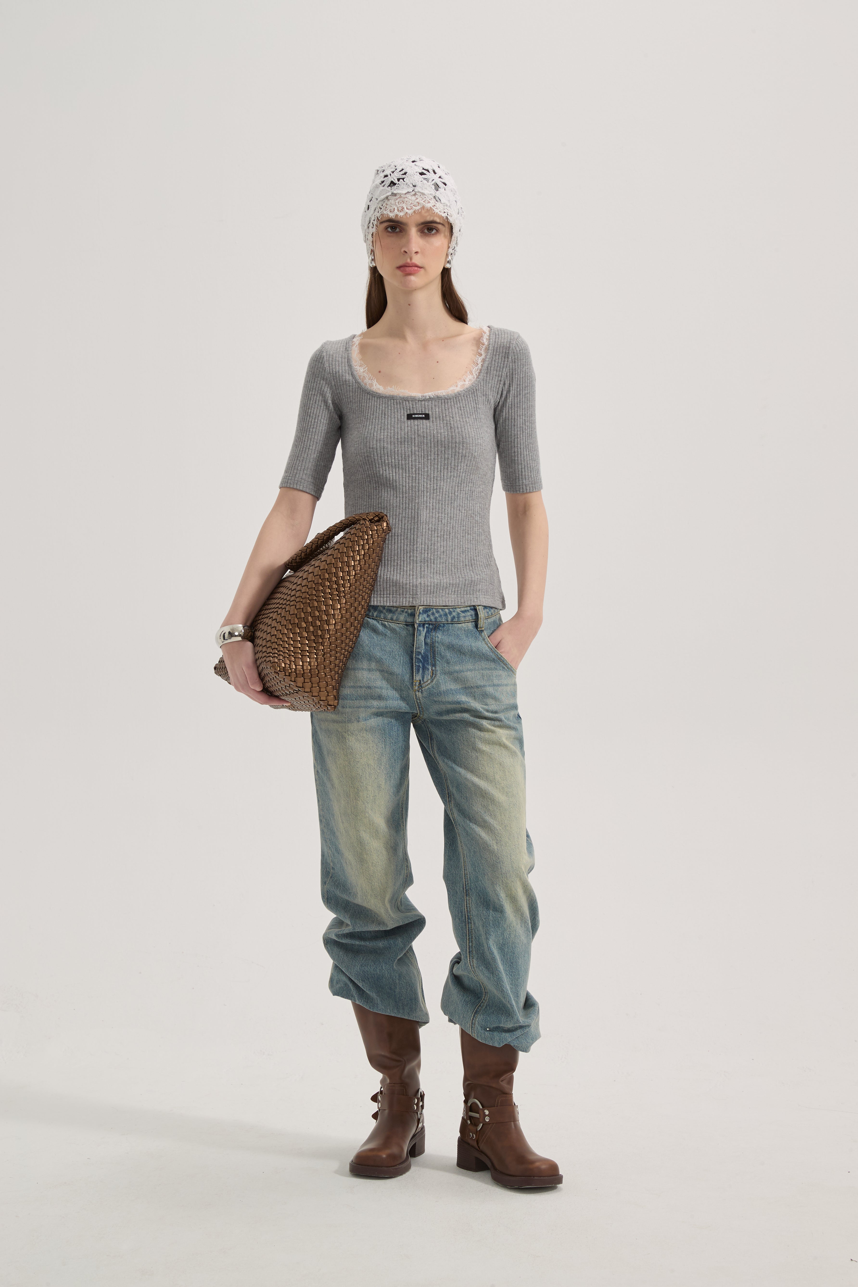 Grey Square-Neck Trimmed Top