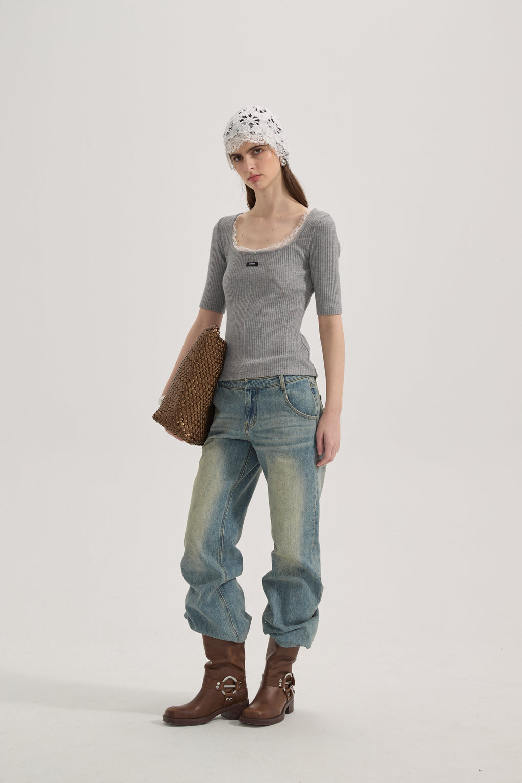 Grey Square-Neck Trimmed Top