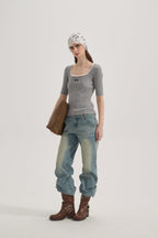 Grey Square-Neck Trimmed Top