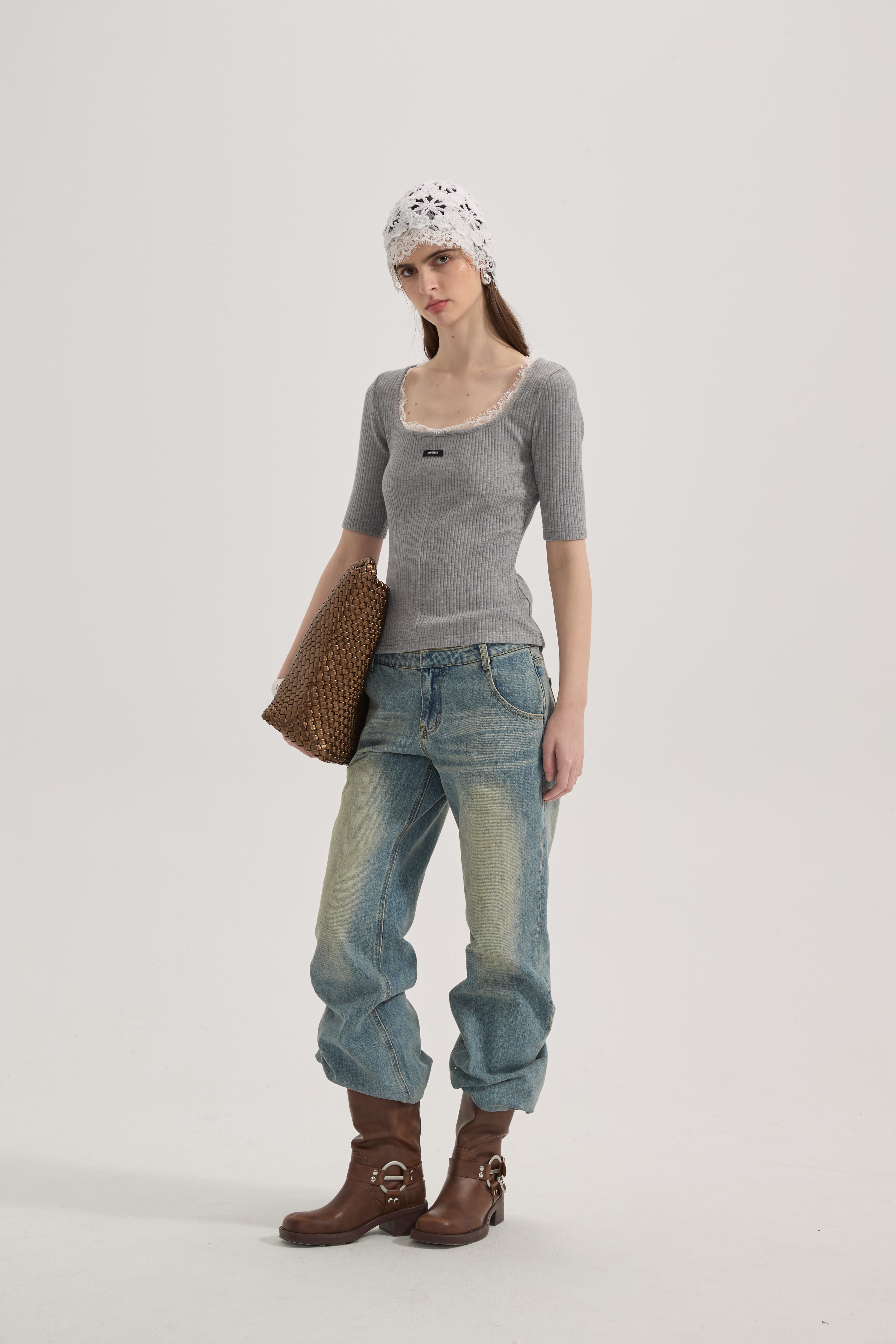 Grey Square-Neck Trimmed Top