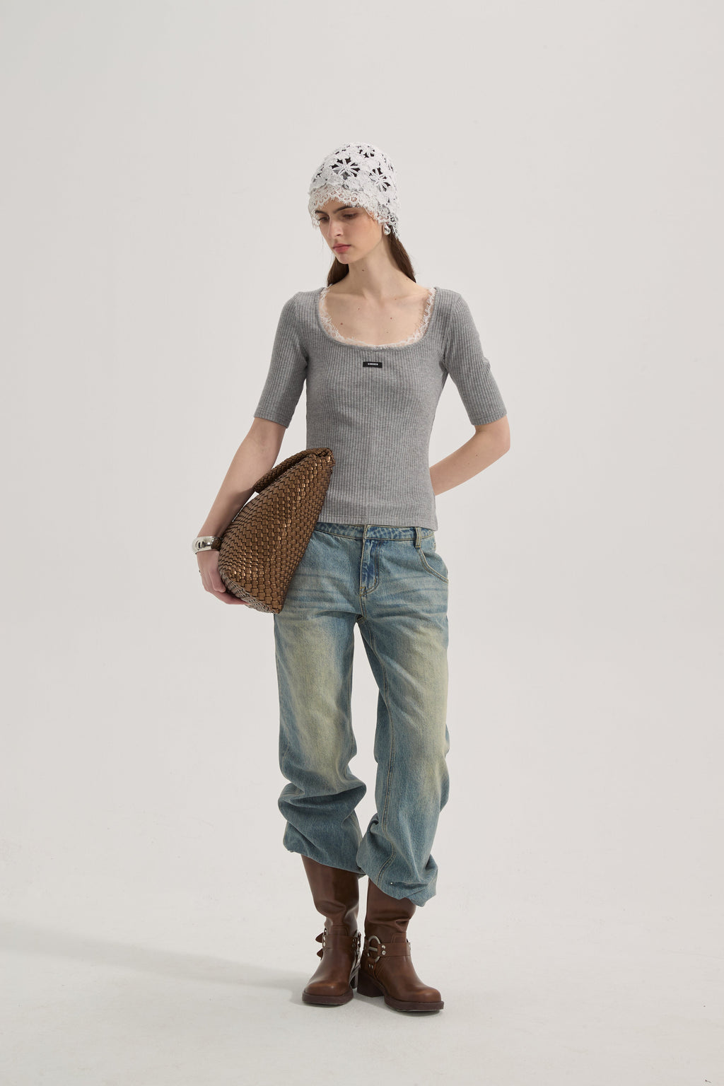 Grey Square-Neck Trimmed Top