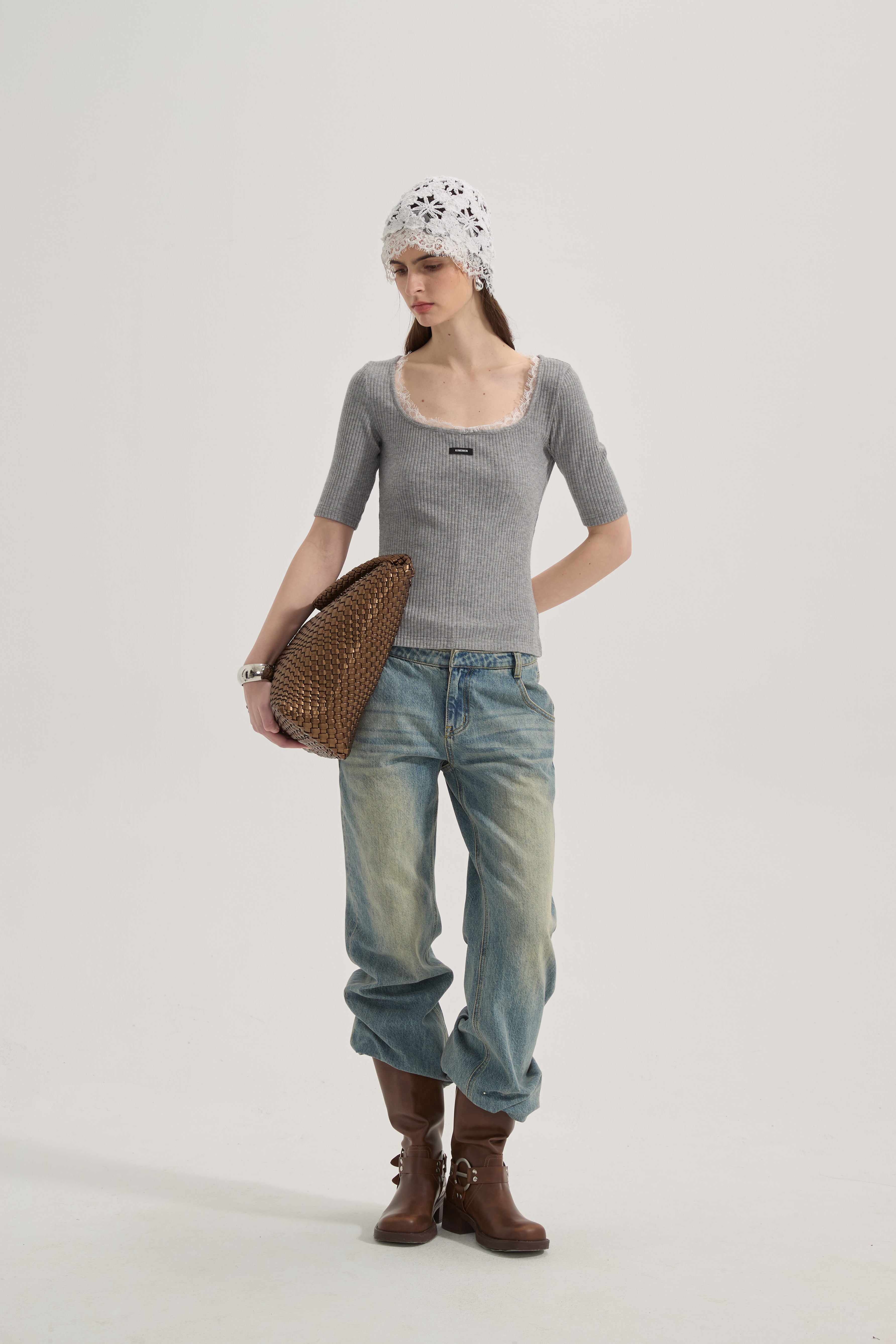 Grey Square-Neck Trimmed Top